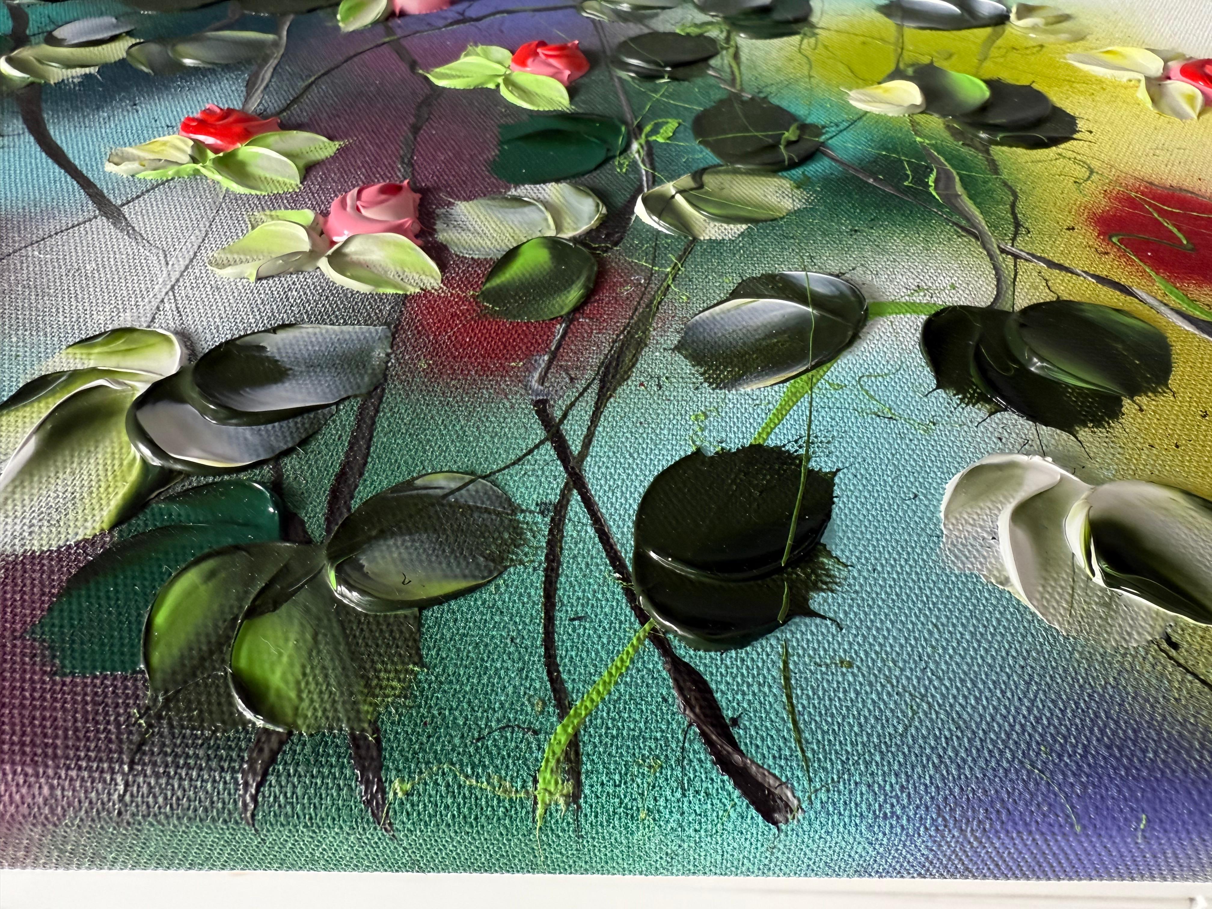 Blooms V -  colorful impressionistic painting on linen canvas with 3d roses For Sale 1