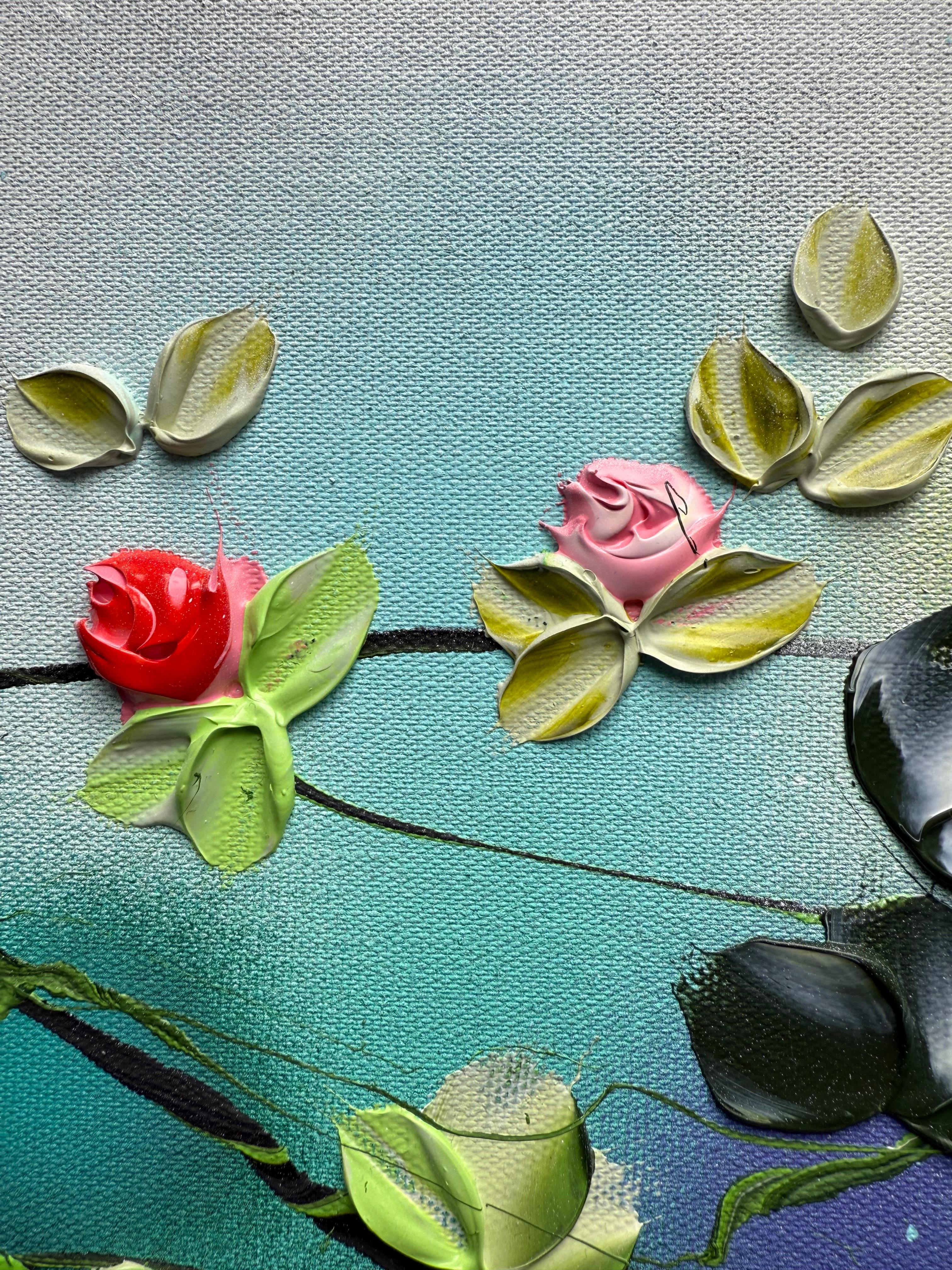 Blooms V -  colorful impressionistic painting on linen canvas with 3d roses For Sale 3