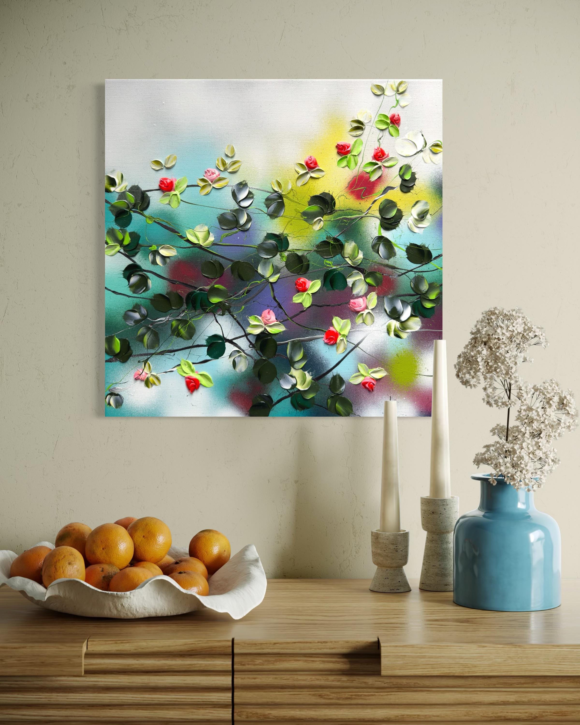 Blooms V -  colorful impressionistic painting on linen canvas with 3d roses For Sale 4