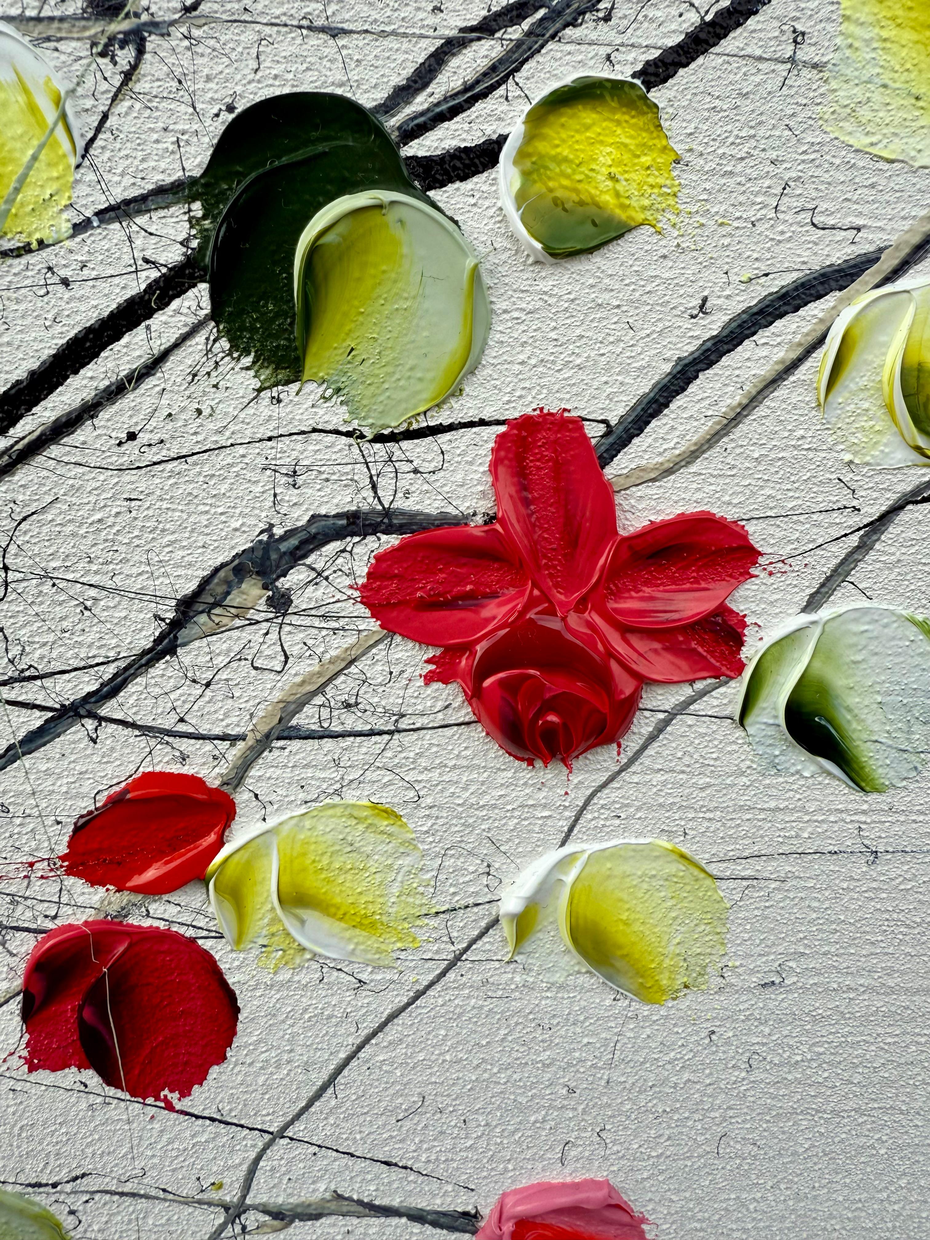 Flores II -  pintura impresionista blanca sobre lienzo con rosas en venta 6