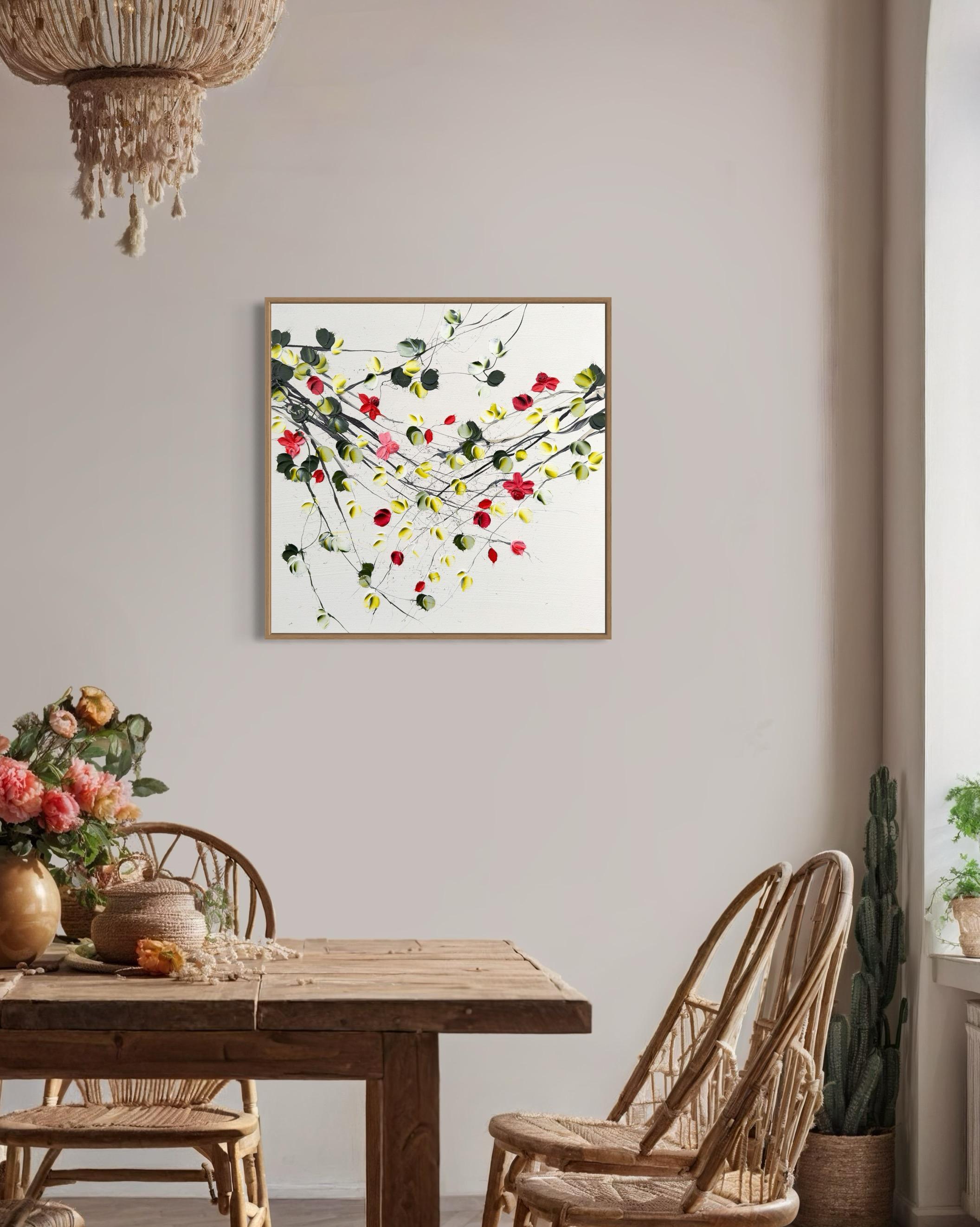 Flores II -  pintura impresionista blanca sobre lienzo con rosas en venta 7