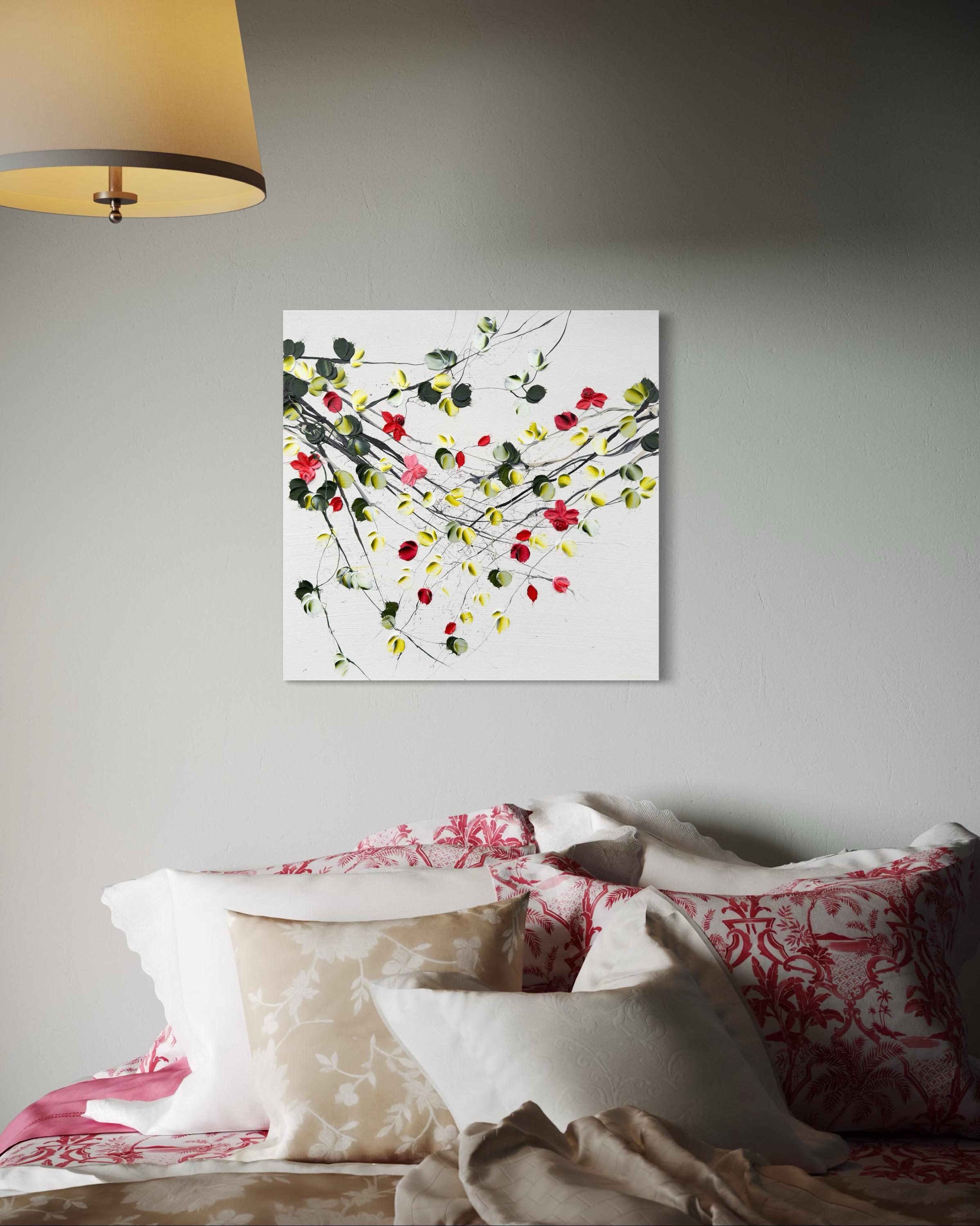 Flores II -  pintura impresionista blanca sobre lienzo con rosas en venta 8