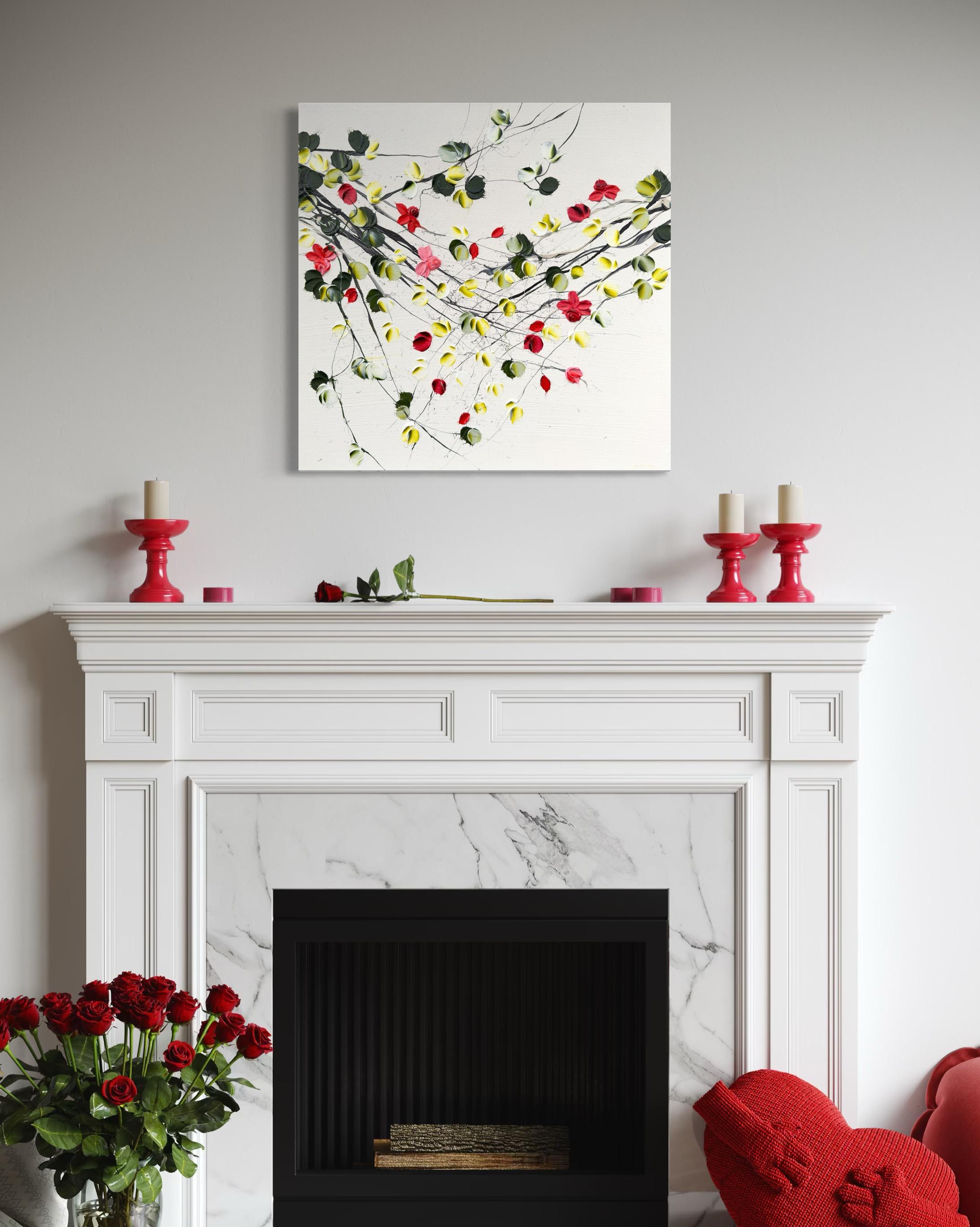 Flores II -  pintura impresionista blanca sobre lienzo con rosas en venta 10