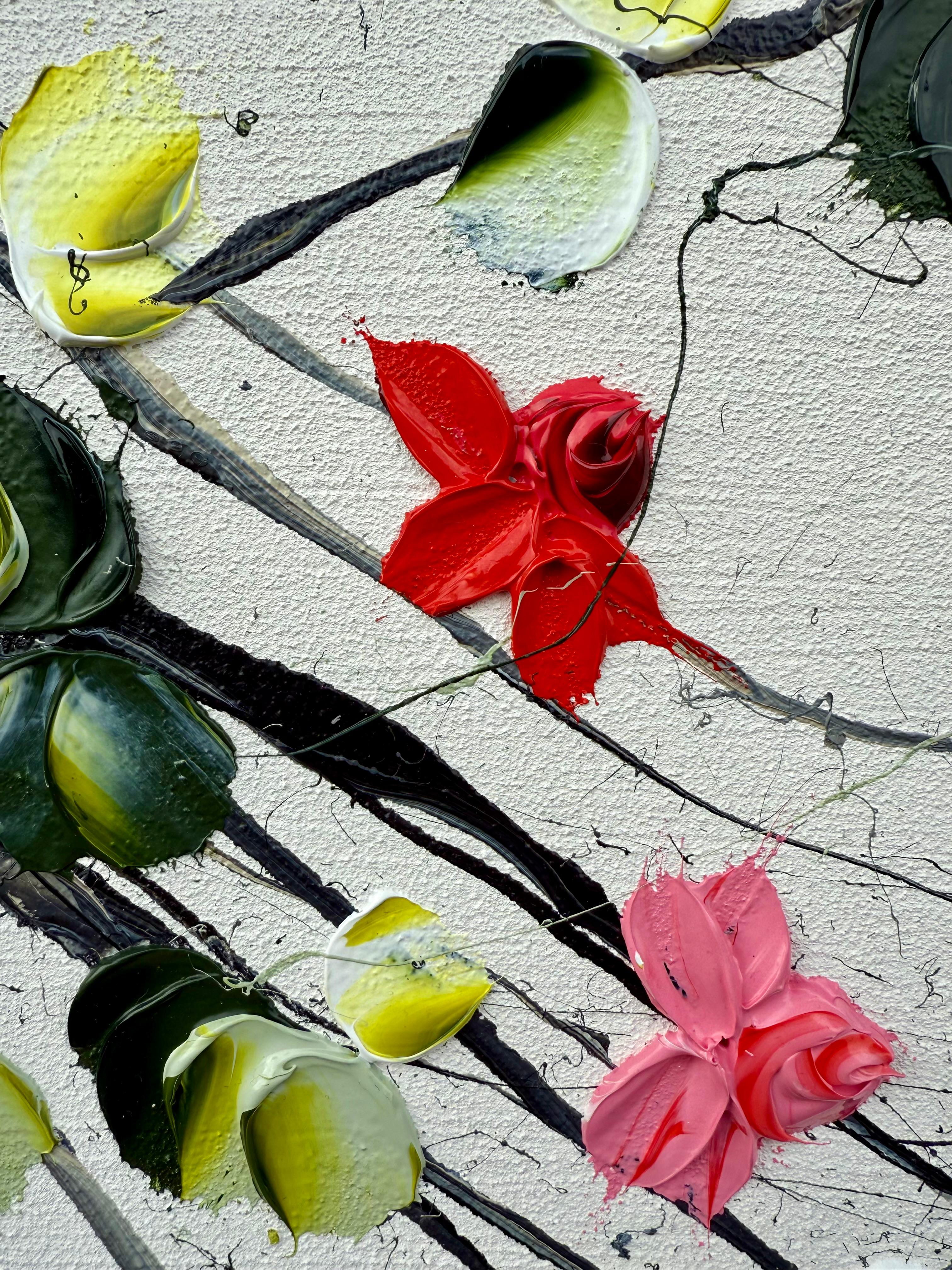 Flores II -  pintura impresionista blanca sobre lienzo con rosas - Painting de Anastassia Skopp
