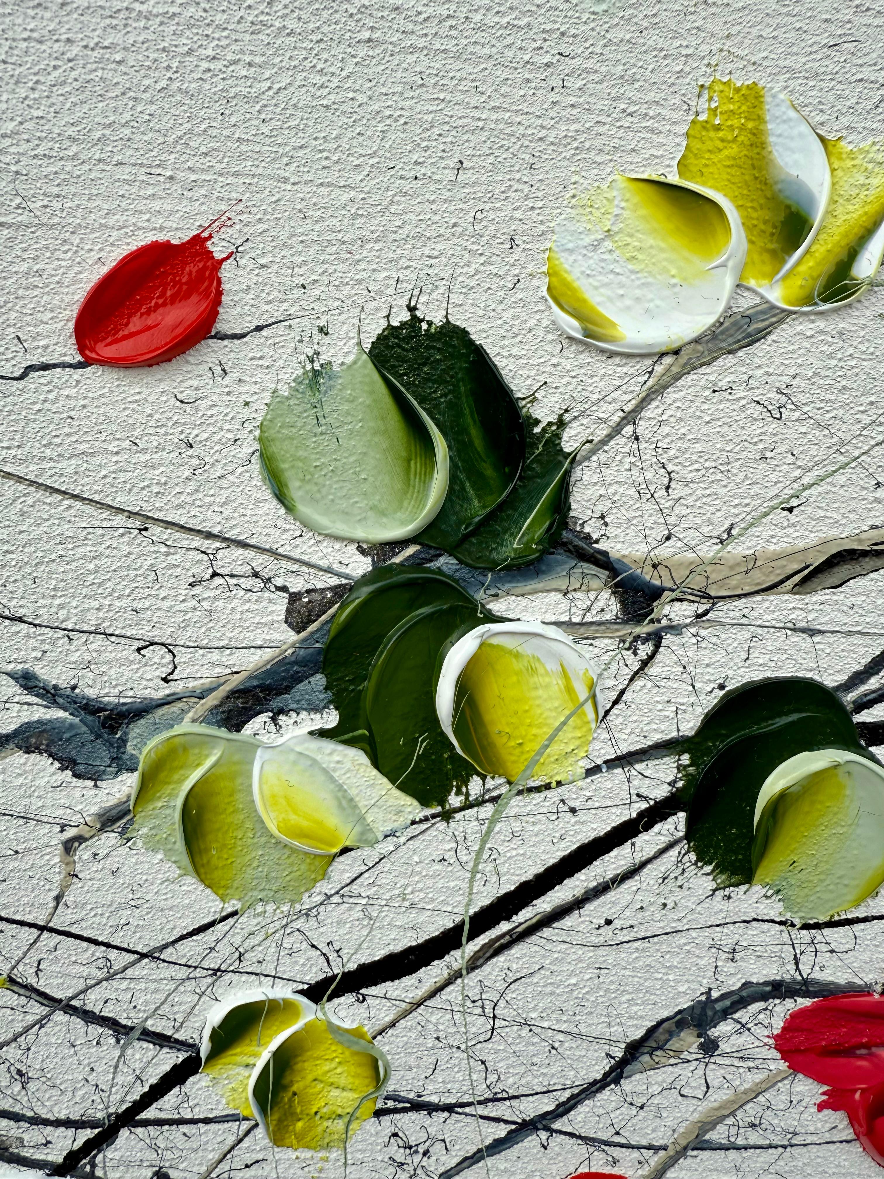 Flores II -  pintura impresionista blanca sobre lienzo con rosas - Painting Impresionista abstracto de Anastassia Skopp