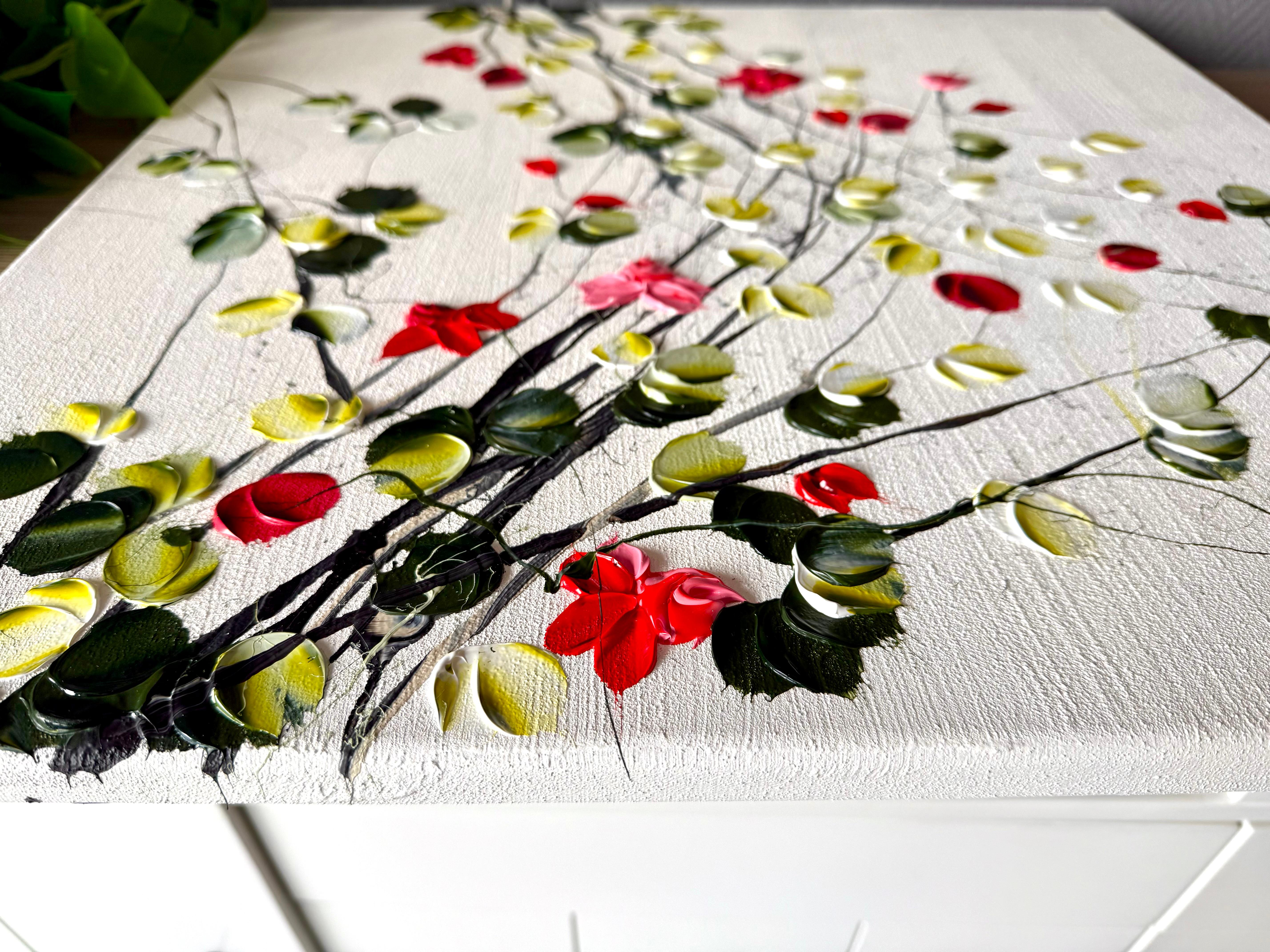 Flores II -  pintura impresionista blanca sobre lienzo con rosas - Abstract Painting Gris de Anastassia Skopp