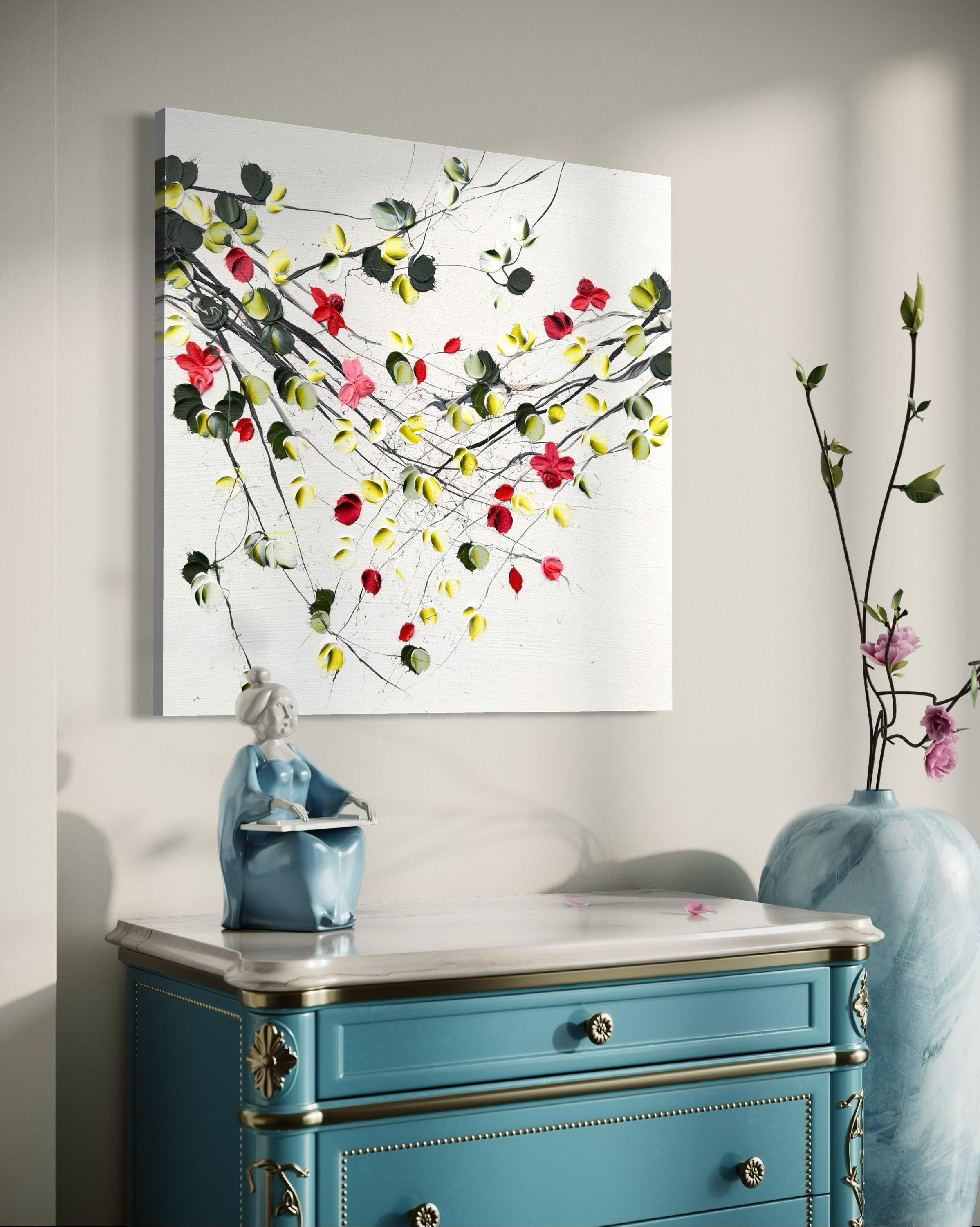 Flores II -  pintura impresionista blanca sobre lienzo con rosas en venta 1