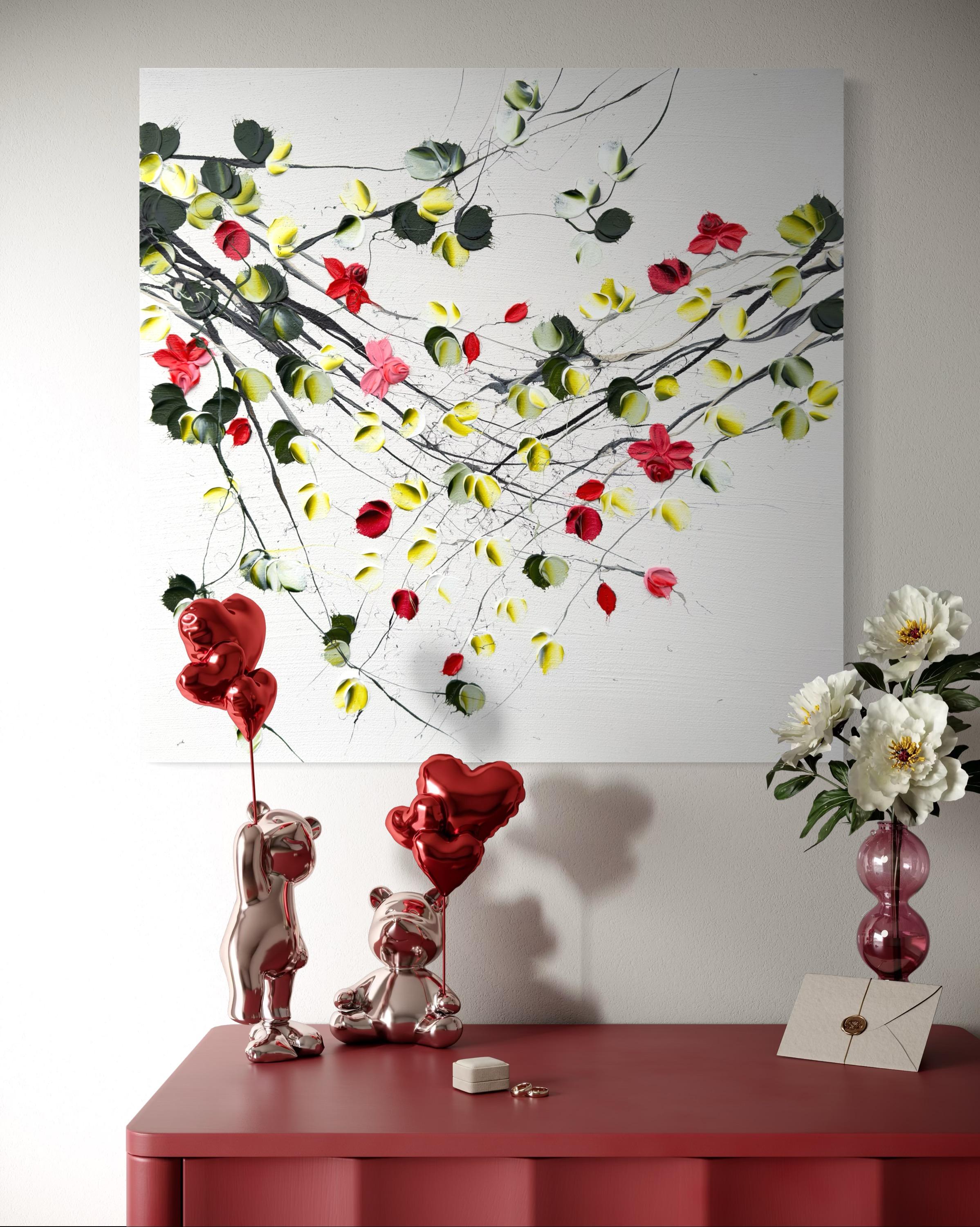Flores II -  pintura impresionista blanca sobre lienzo con rosas en venta 2