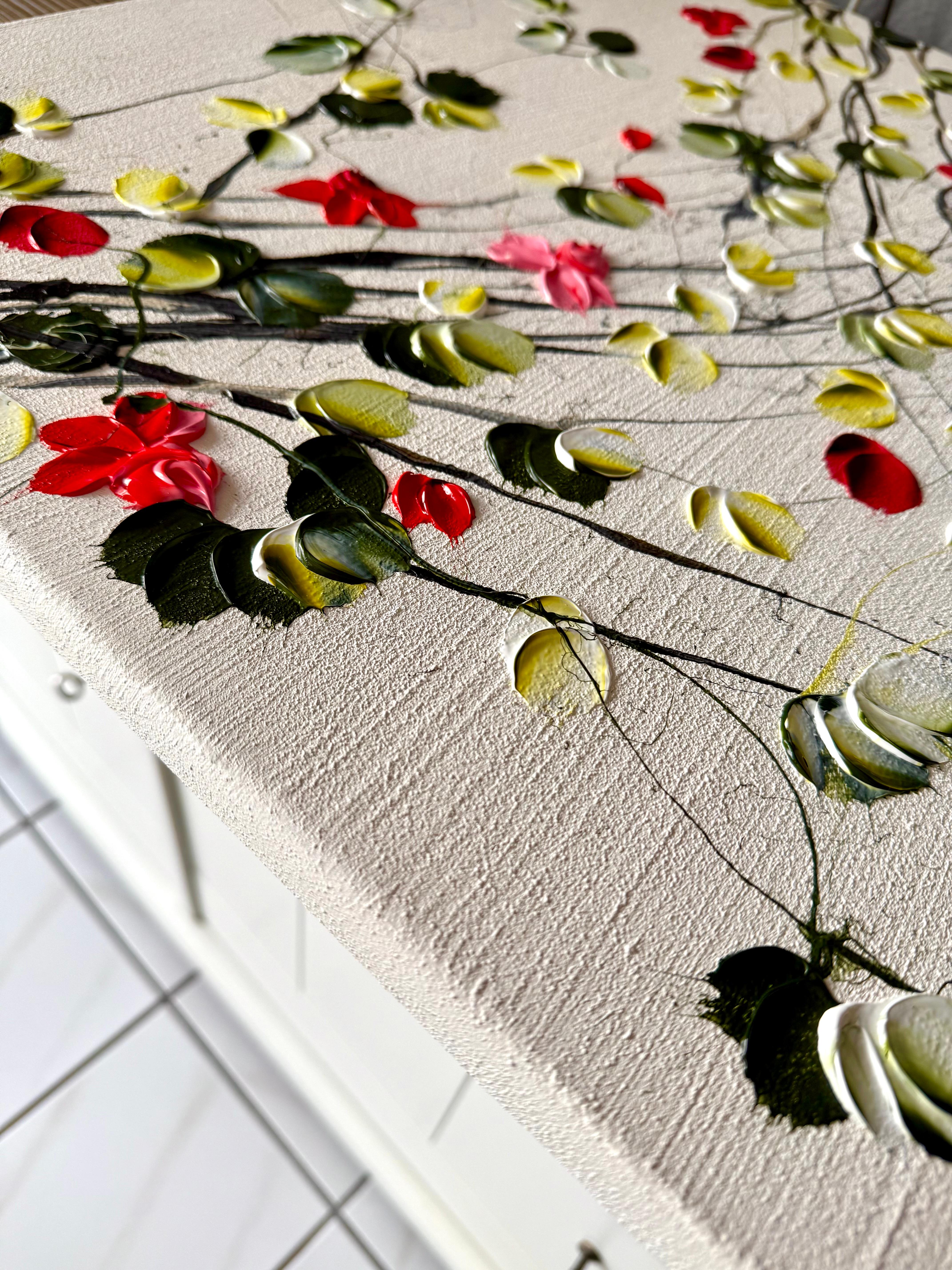 Flores II -  pintura impresionista blanca sobre lienzo con rosas en venta 3