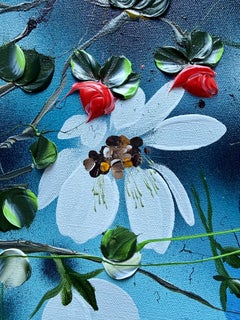 Blue Flow I - impressionistic painting on linen canvas with 3d roses