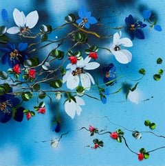 Blue Flow I - impressionistic painting on linen canvas with 3d roses