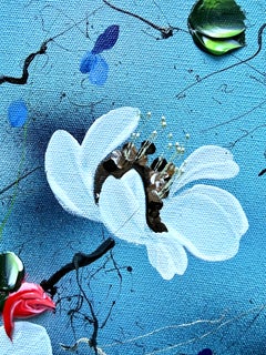 Blue Flow II - impressionistic painting on linen canvas with 3d roses