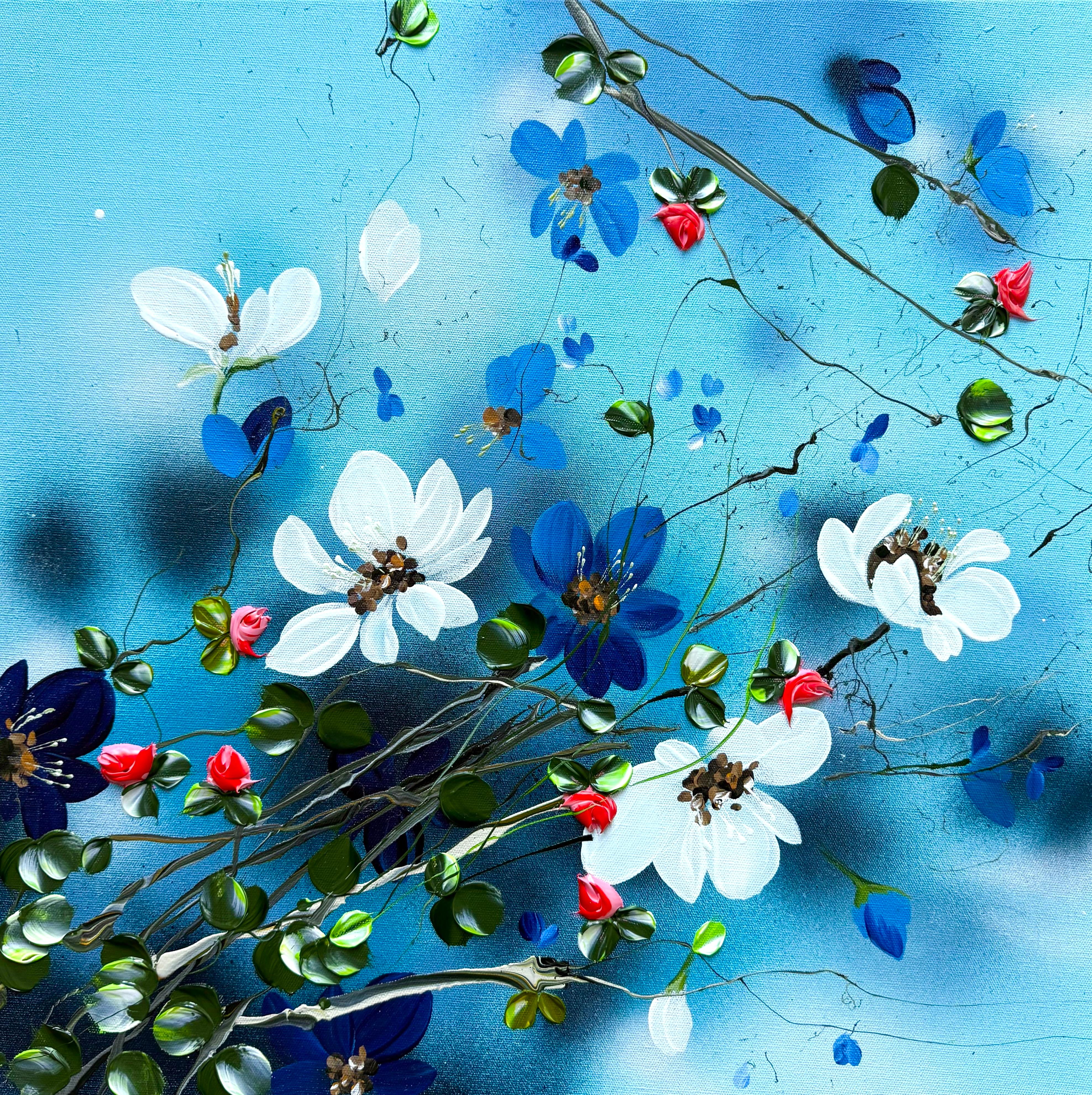 Anastassia Skopp Figurative Painting - Blue Flow II - impressionistic painting on linen canvas with 3d roses