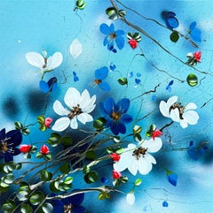 Blue Flow II - impressionistic painting on linen canvas with 3d roses