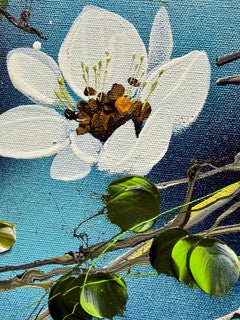 Blue Flow III - impressionistic painting on linen canvas with 3d roses