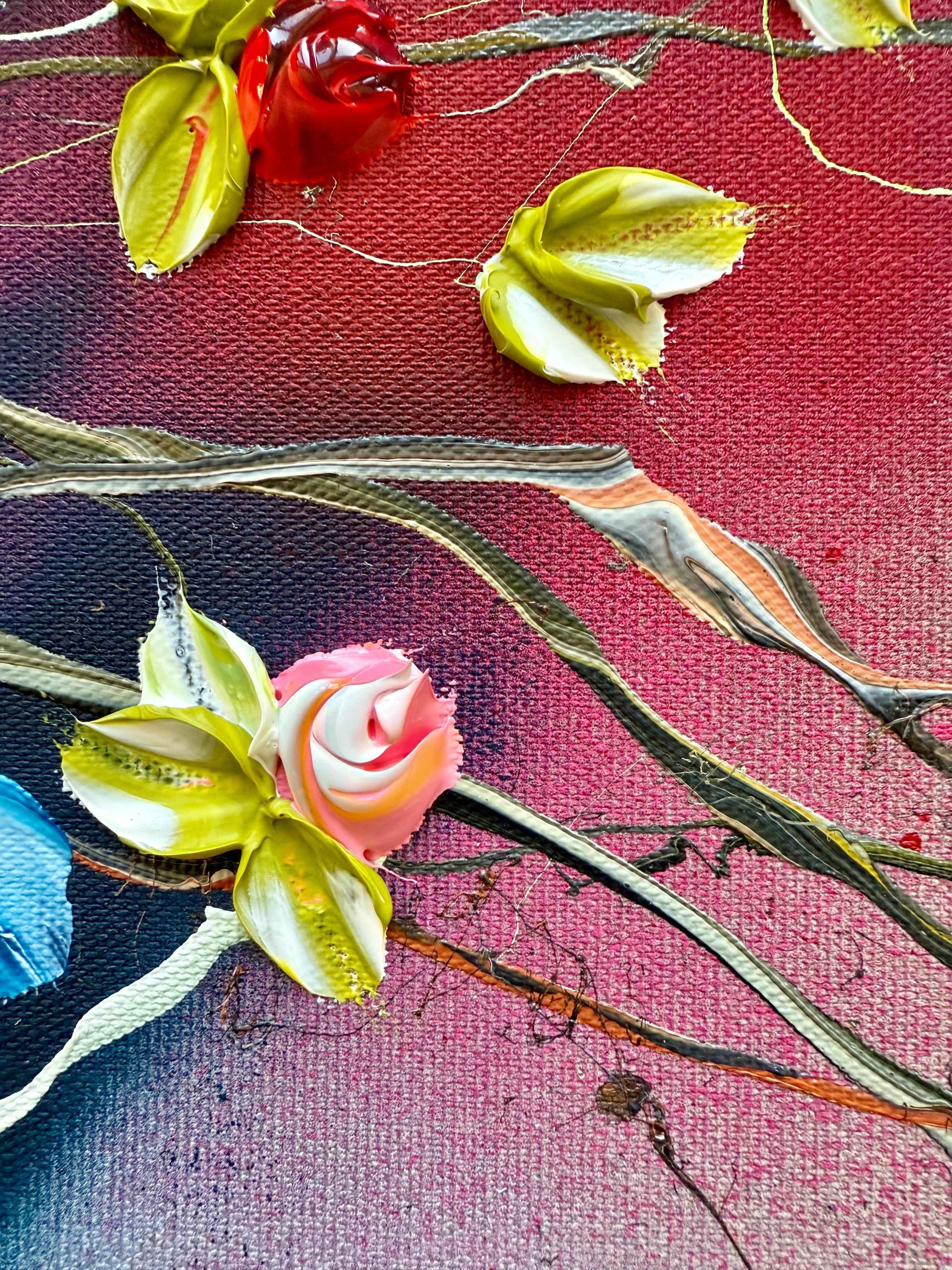 Floral Fusion I -  impressionistic painting on linen canvas with 3d roses For Sale 5