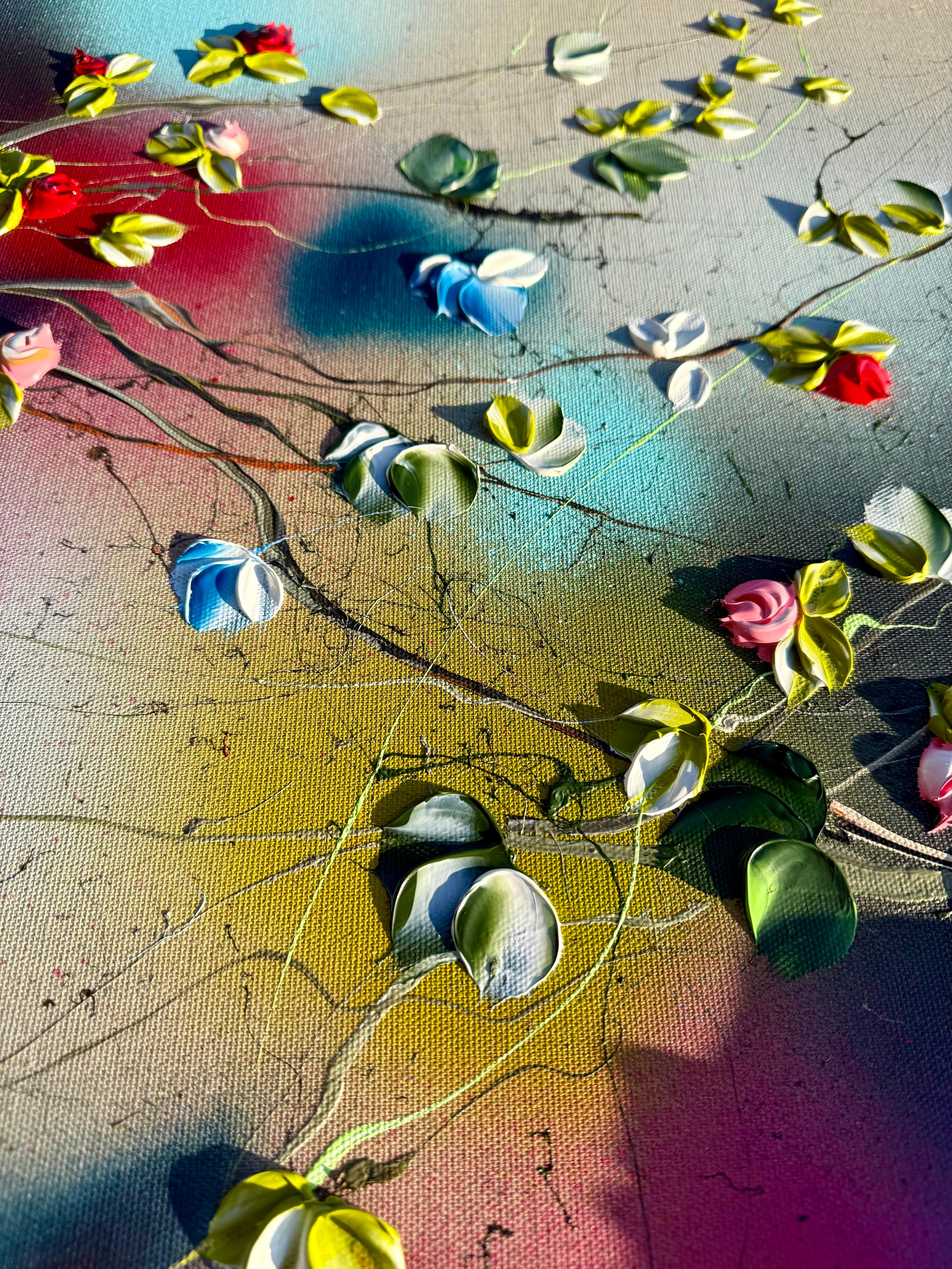 Floral Fusion I -  impressionistic painting on linen canvas with 3d roses For Sale 6