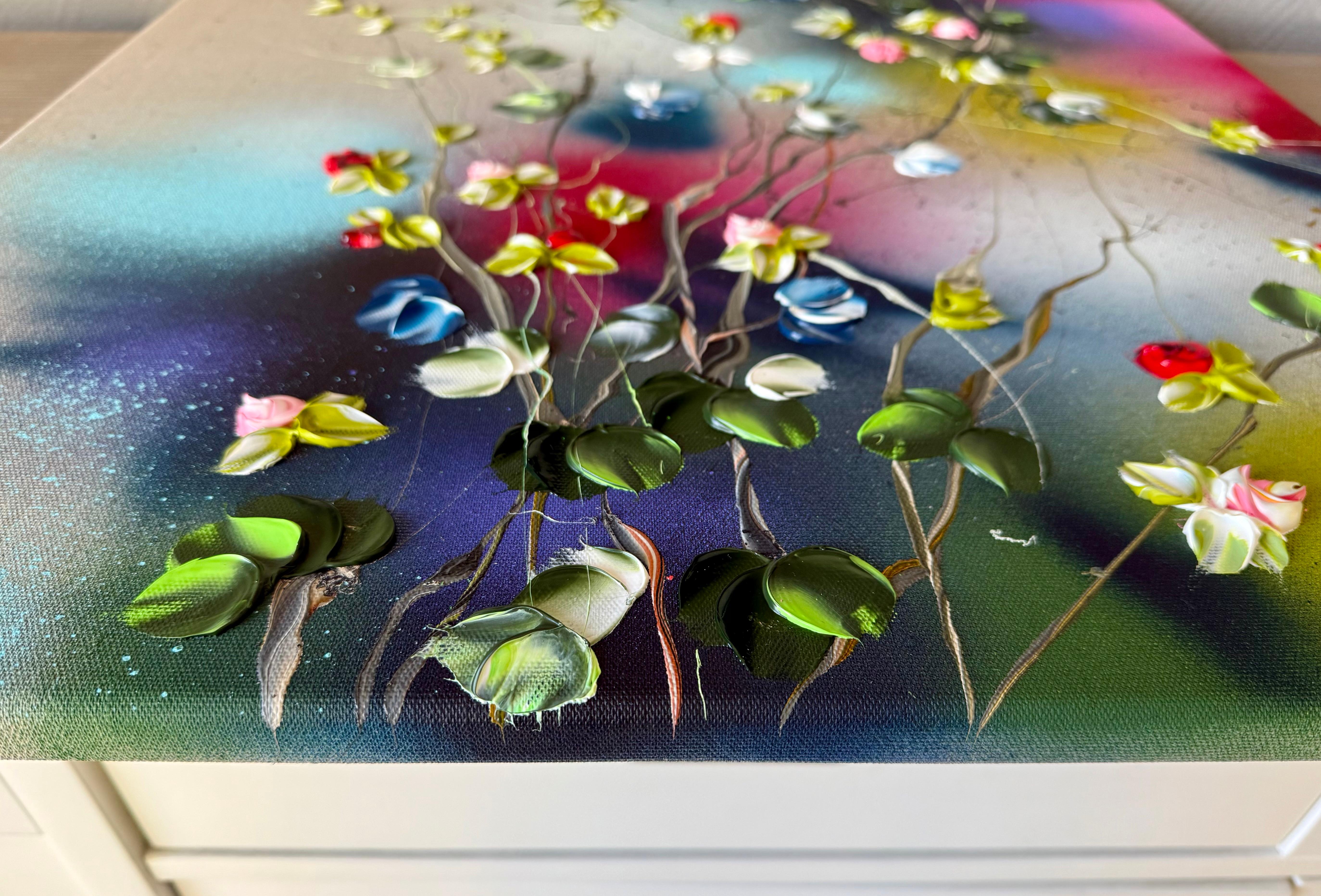 Floral Fusion I -  impressionistic painting on linen canvas with 3d roses For Sale 7