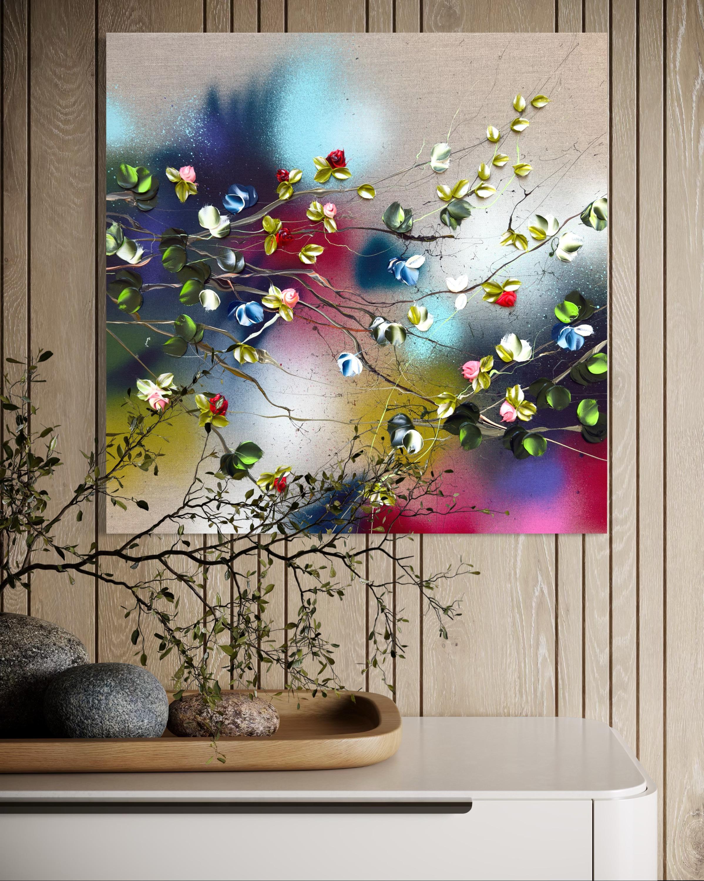 Floral Fusion I -  impressionistic painting on linen canvas with 3d roses For Sale 9