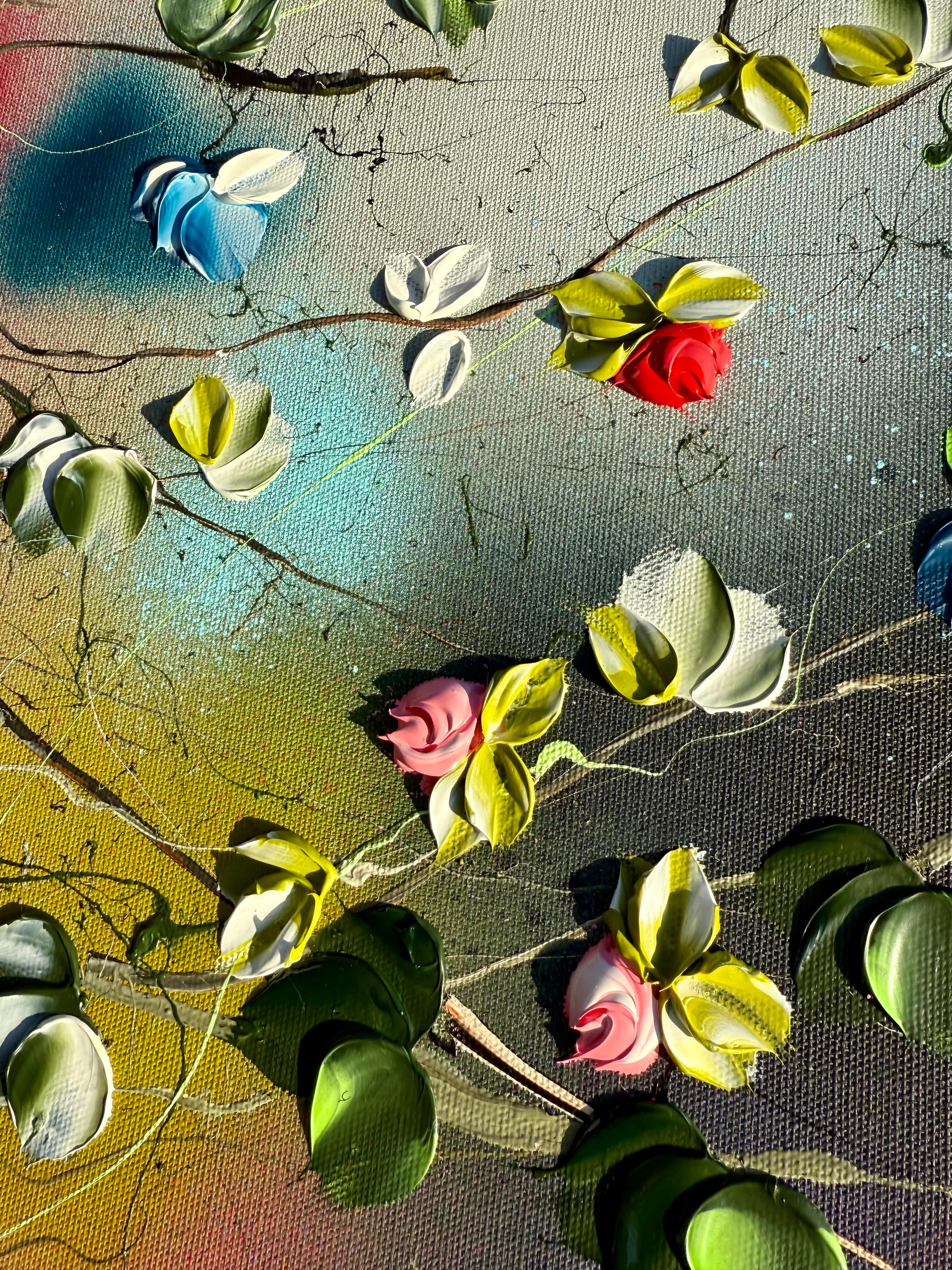 Floral Fusion I -  impressionistic painting on linen canvas with 3d roses For Sale 10