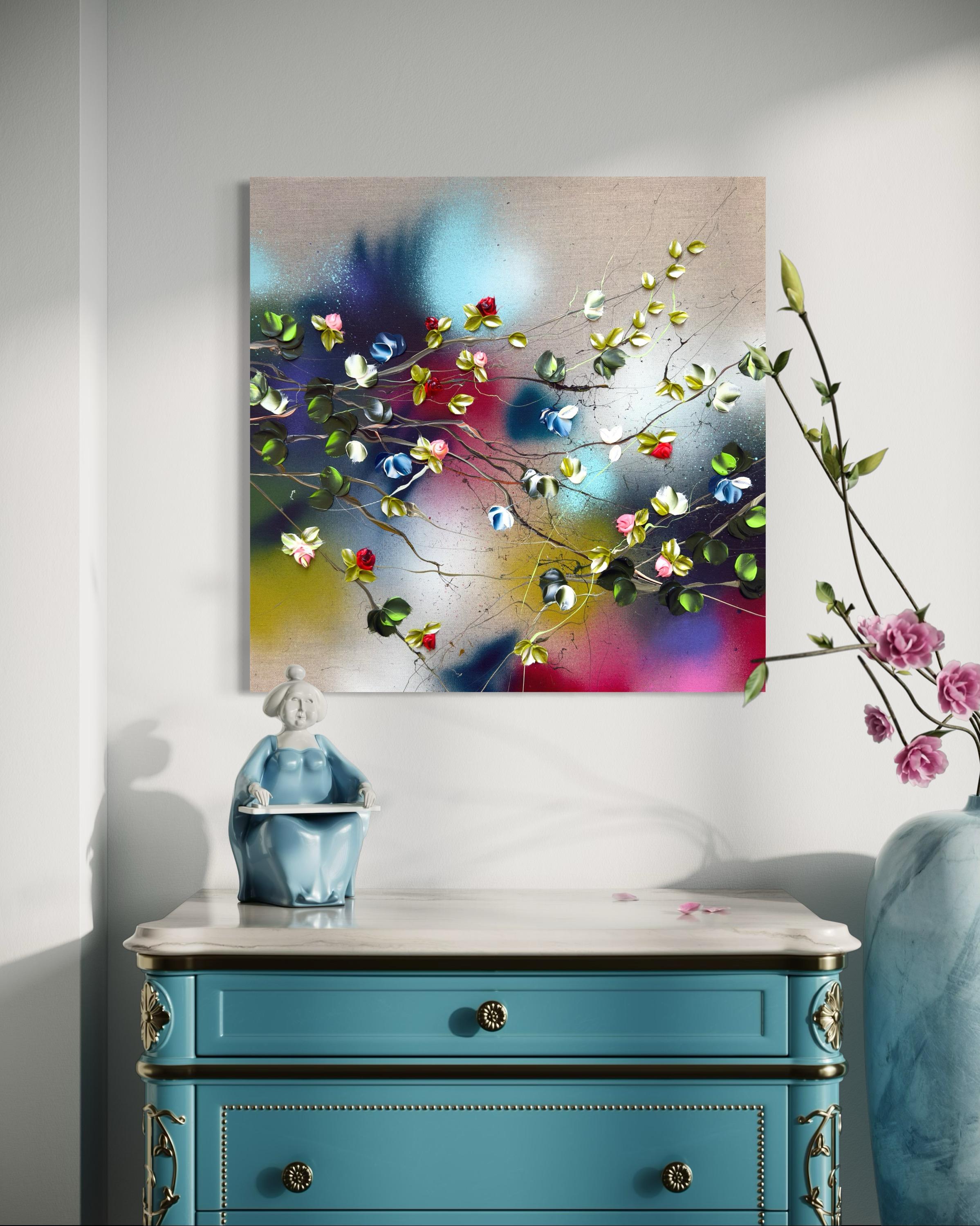 Floral Fusion I -  impressionistic painting on linen canvas with 3d roses For Sale 11