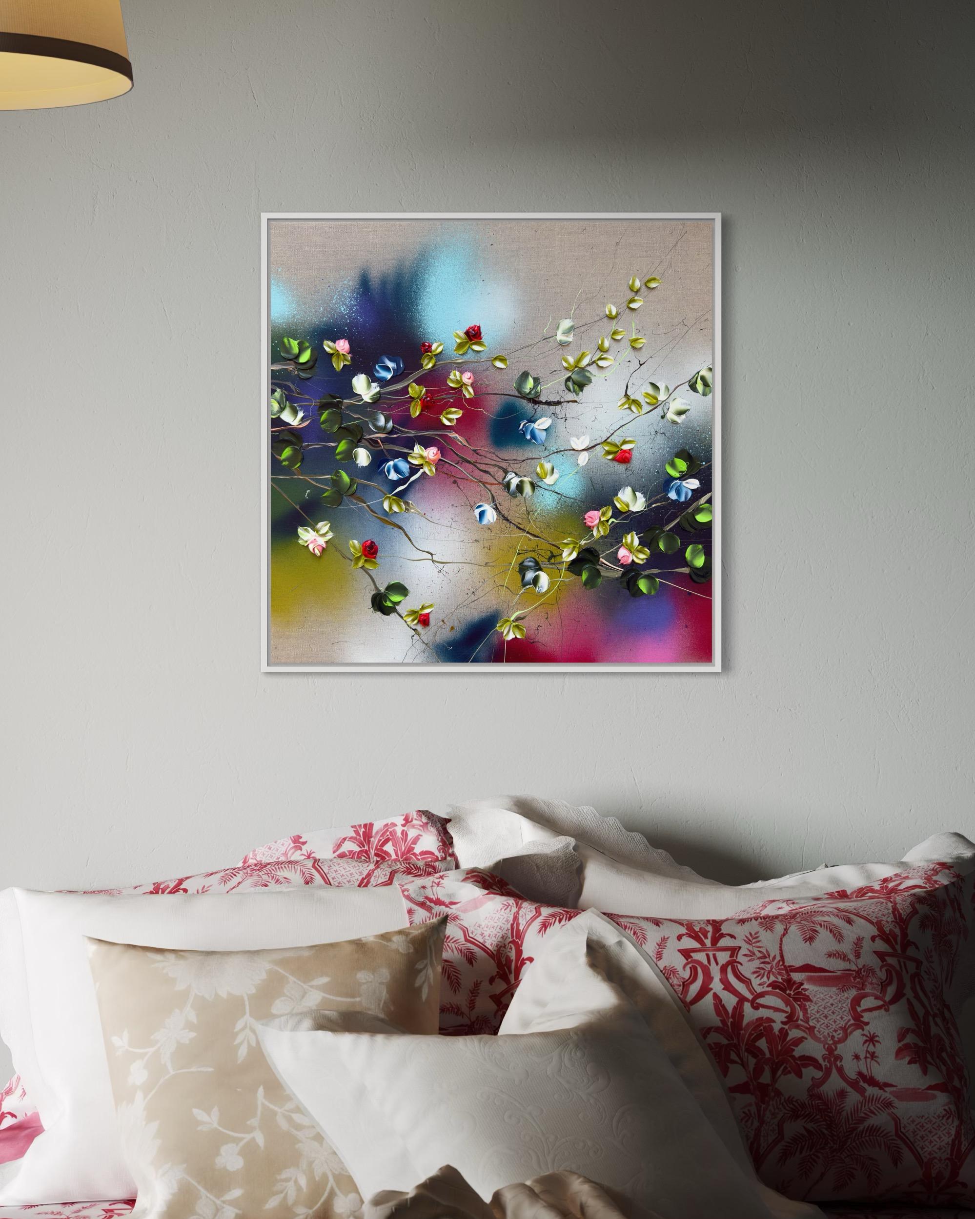 Floral Fusion I -  impressionistic painting on linen canvas with 3d roses For Sale 13