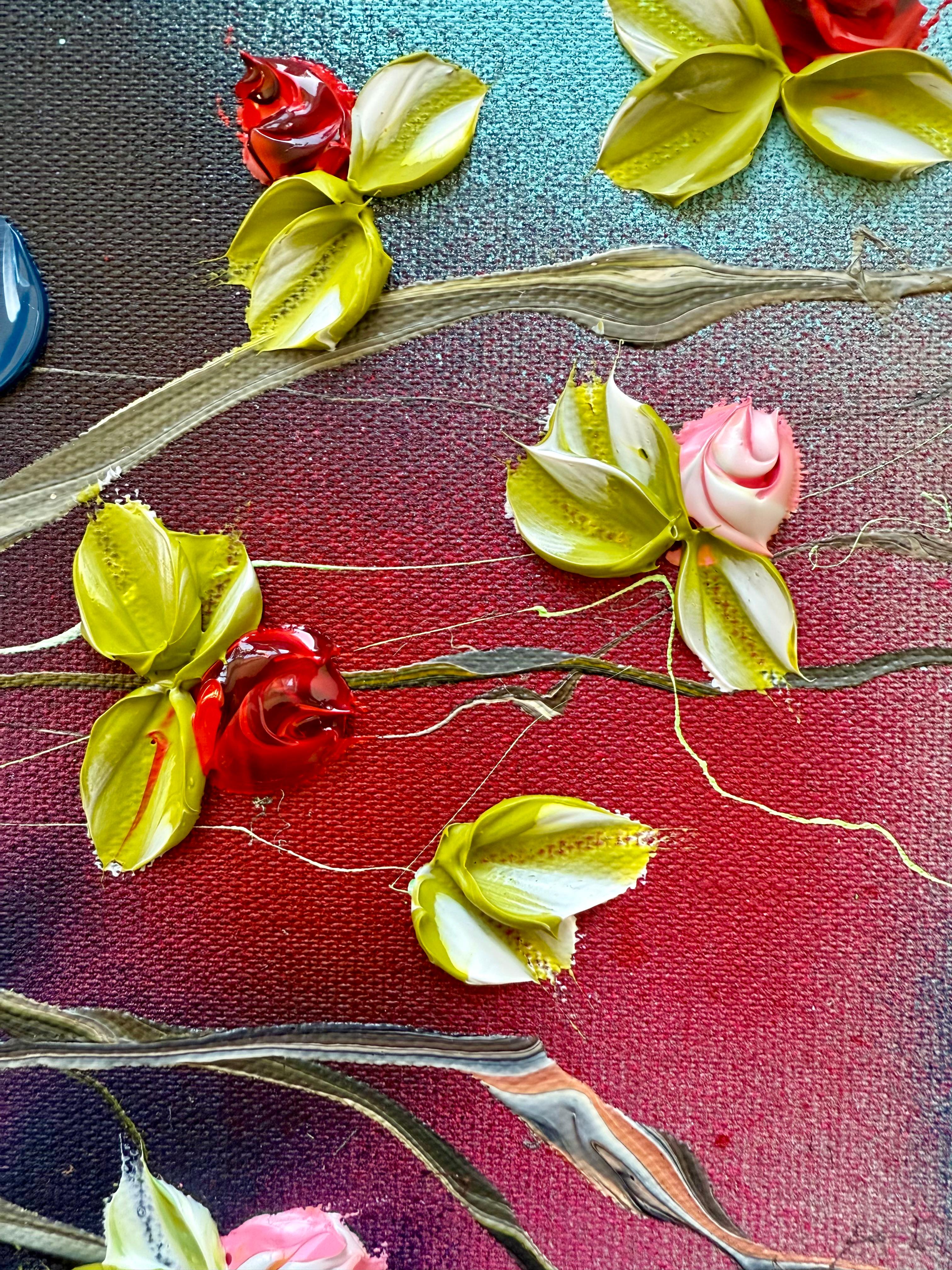 Floral Fusion I -  impressionistic painting on linen canvas with 3d roses - Painting by Anastassia Skopp