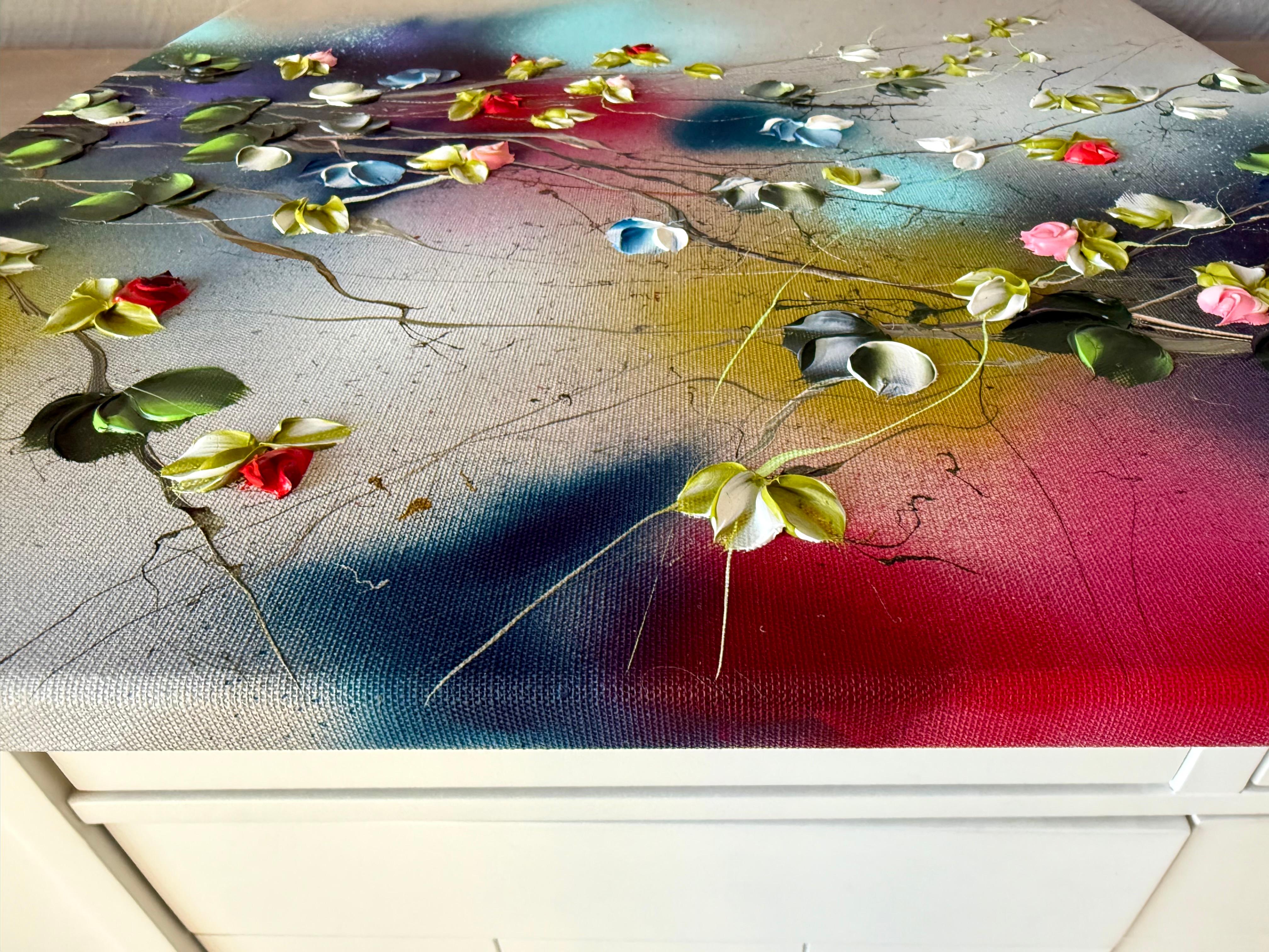 Floral Fusion I -  impressionistic painting on linen canvas with 3d roses - Abstract Impressionist Painting by Anastassia Skopp