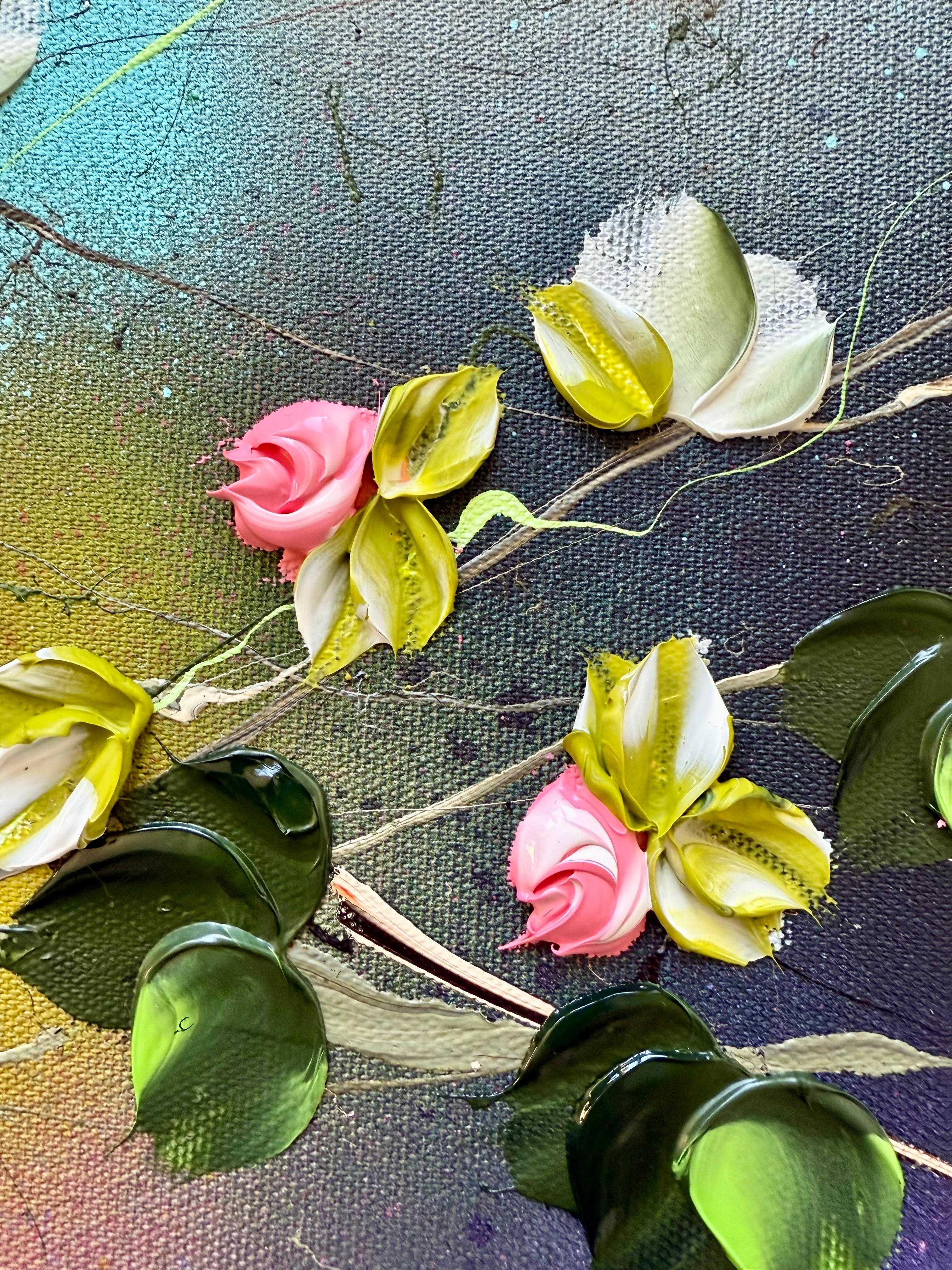 Floral Fusion I -  impressionistic painting on linen canvas with 3d roses For Sale 1