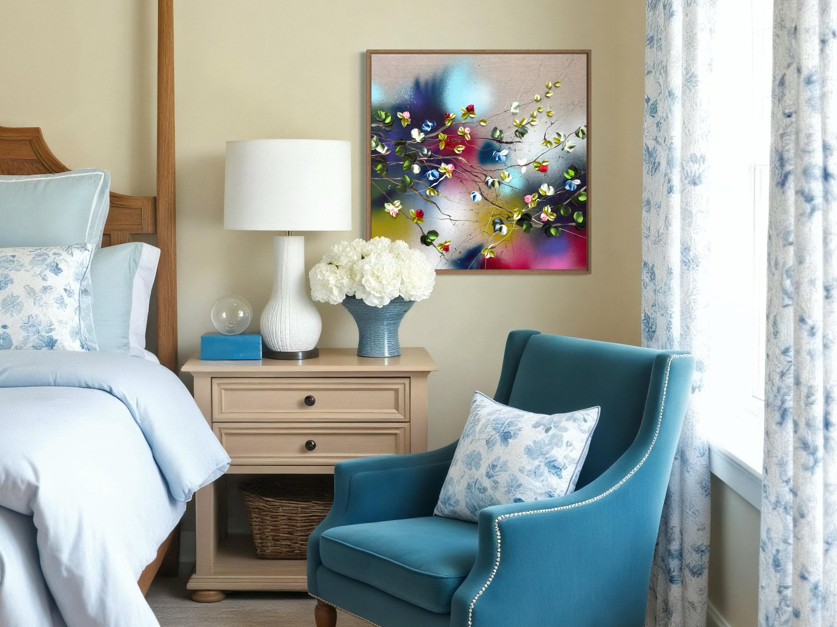 Floral Fusion I -  impressionistic painting on linen canvas with 3d roses For Sale 2