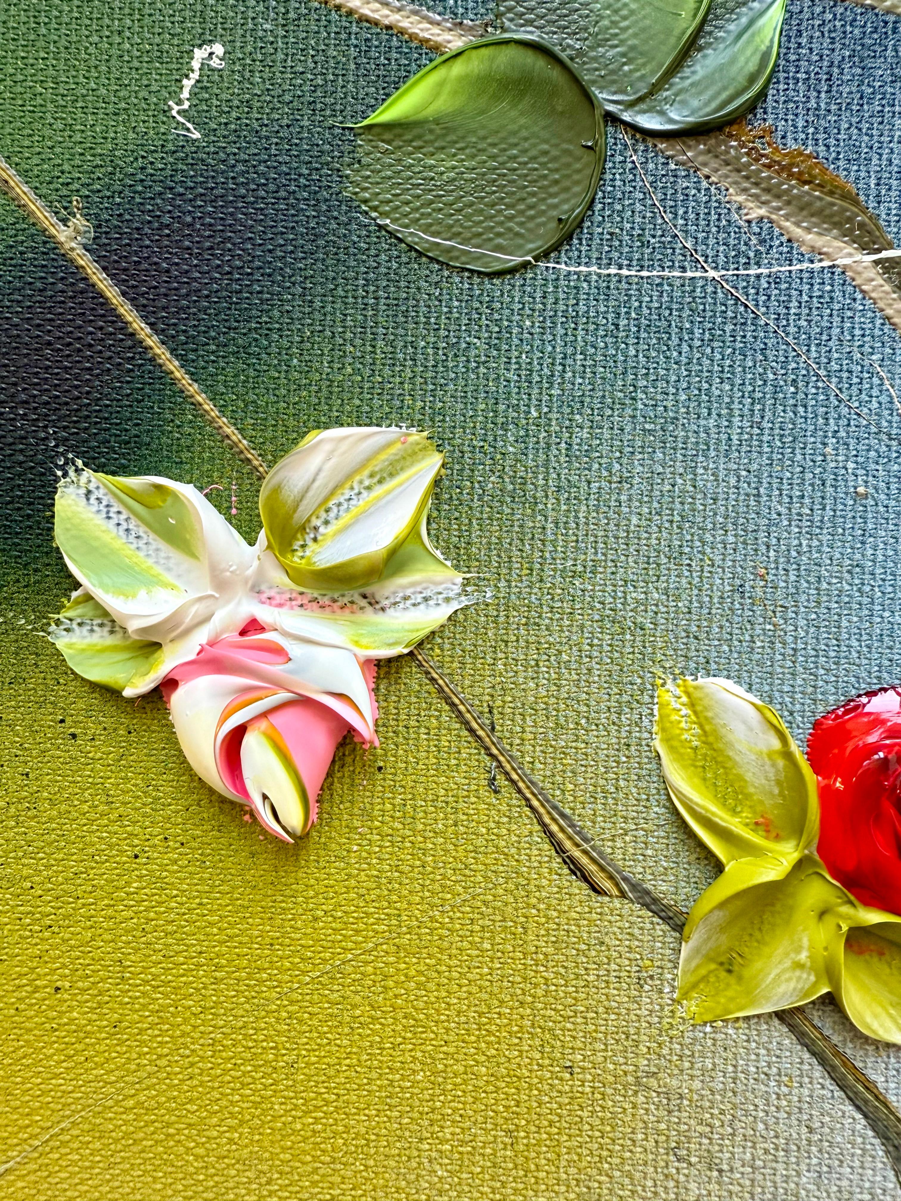Floral Fusion I -  impressionistic painting on linen canvas with 3d roses For Sale 4