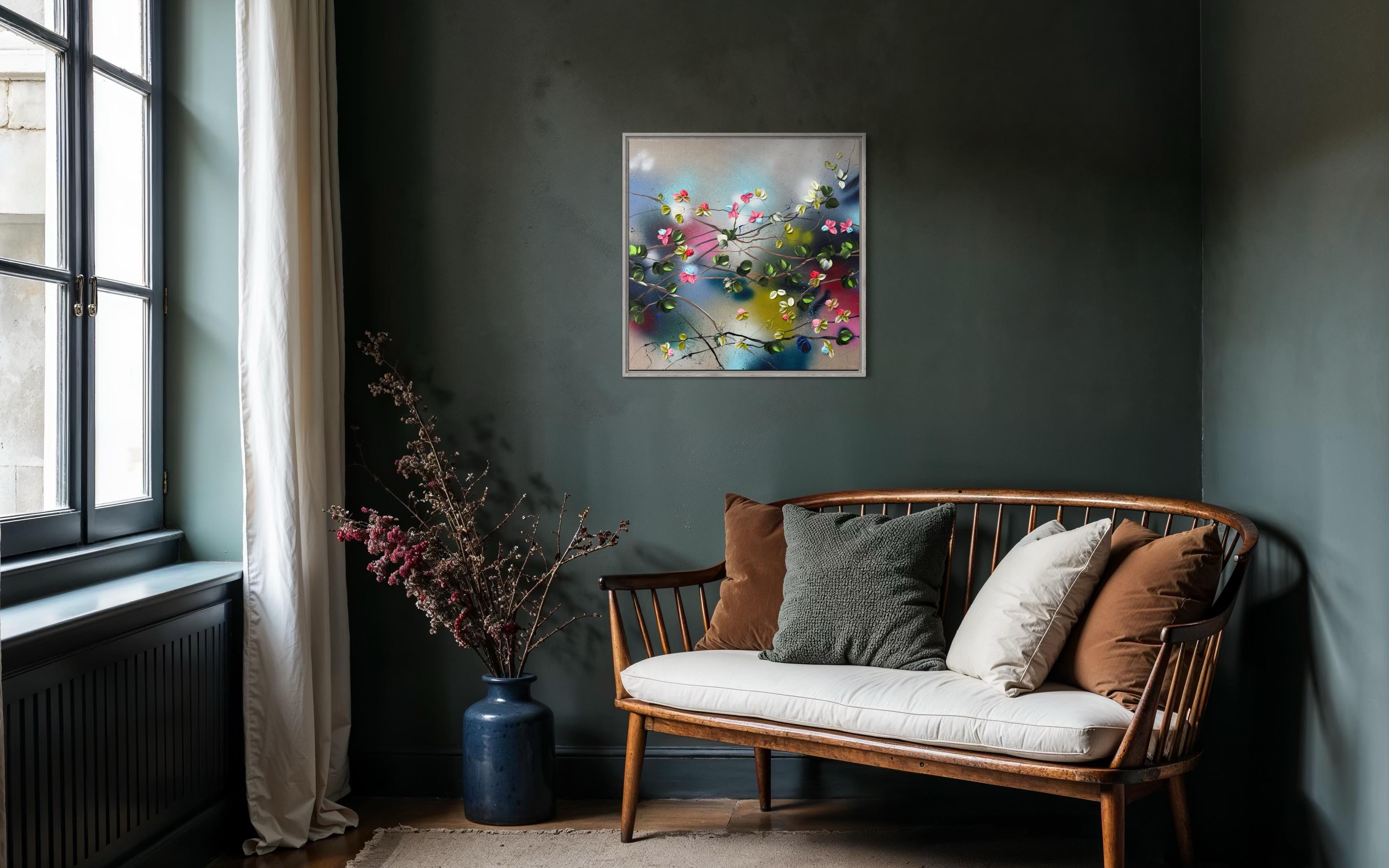 Floral Fusion II -  impressionistic painting on linen canvas with 3d roses For Sale 6