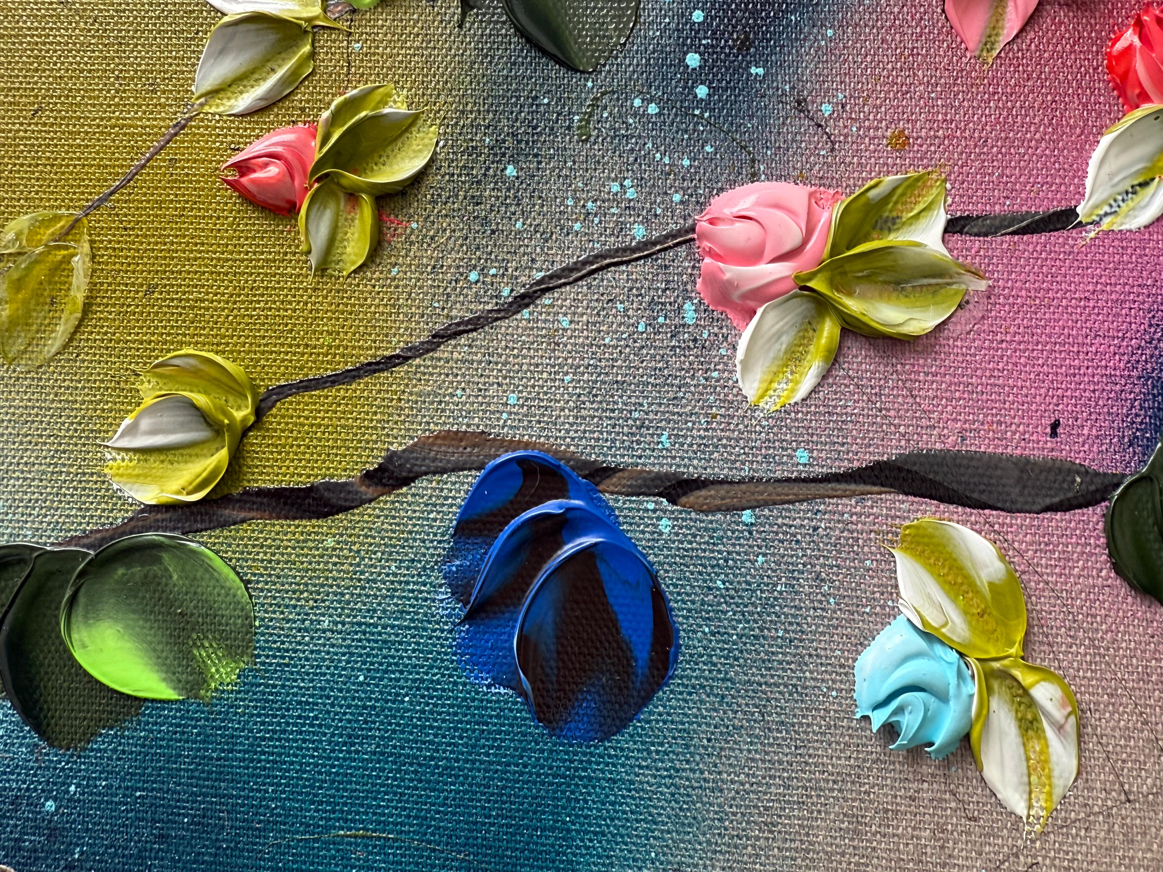Floral Fusion II -  impressionistic painting on linen canvas with 3d roses For Sale 8