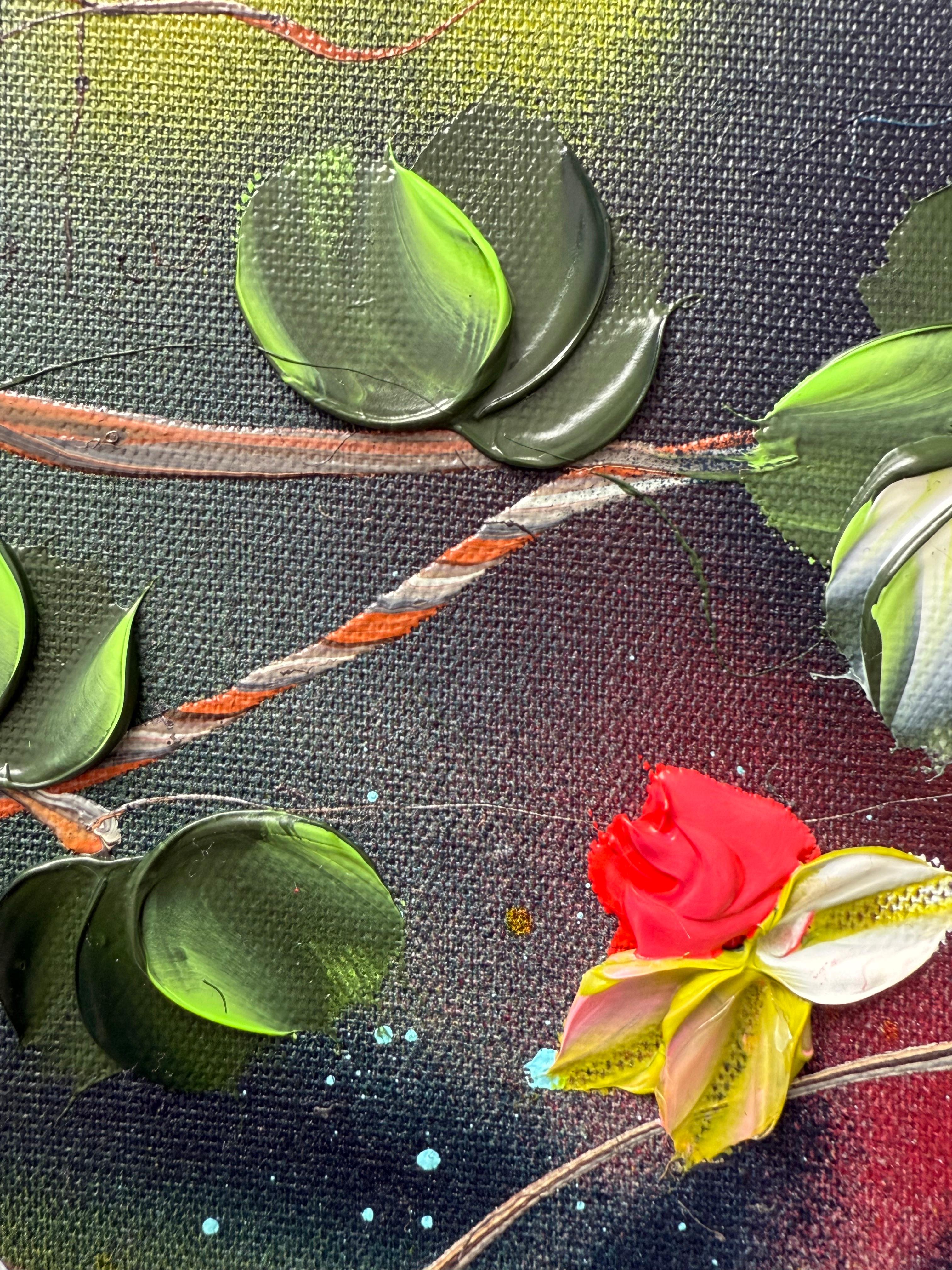 Floral Fusion II -  impressionistic painting on linen canvas with 3d roses For Sale 9