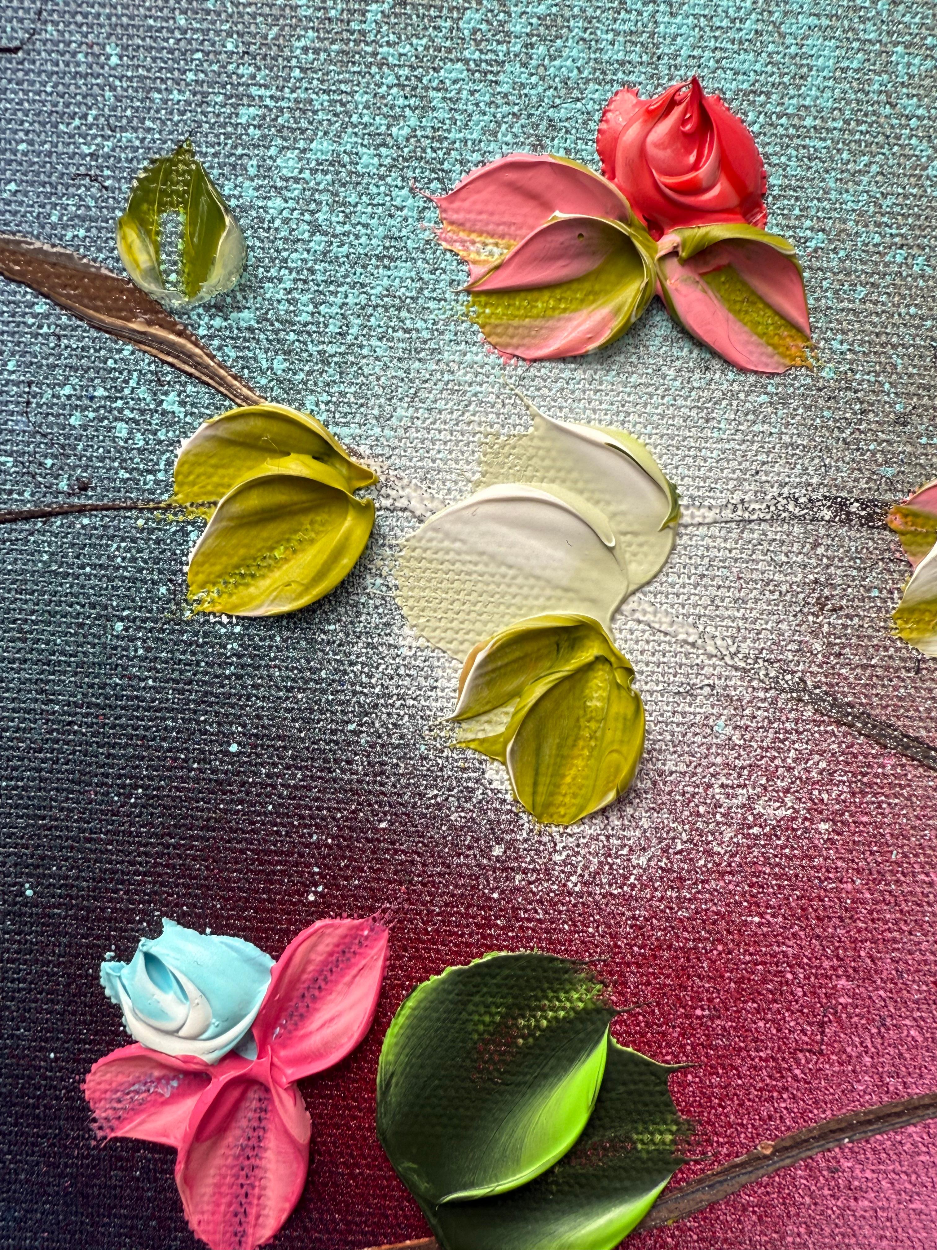 Floral Fusion II -  impressionistic painting on linen canvas with 3d roses For Sale 11