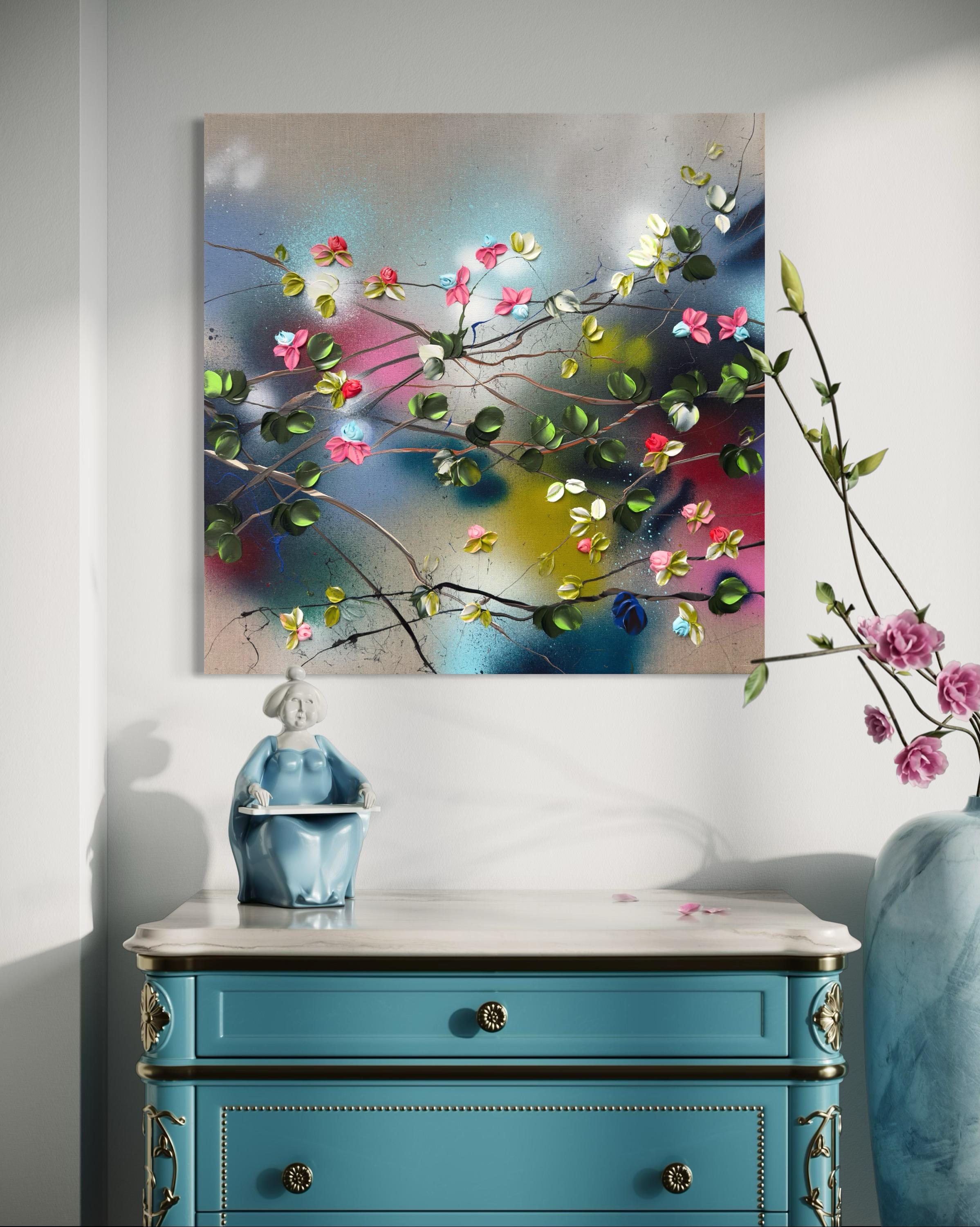 Floral Fusion II -  impressionistic painting on linen canvas with 3d roses For Sale 12