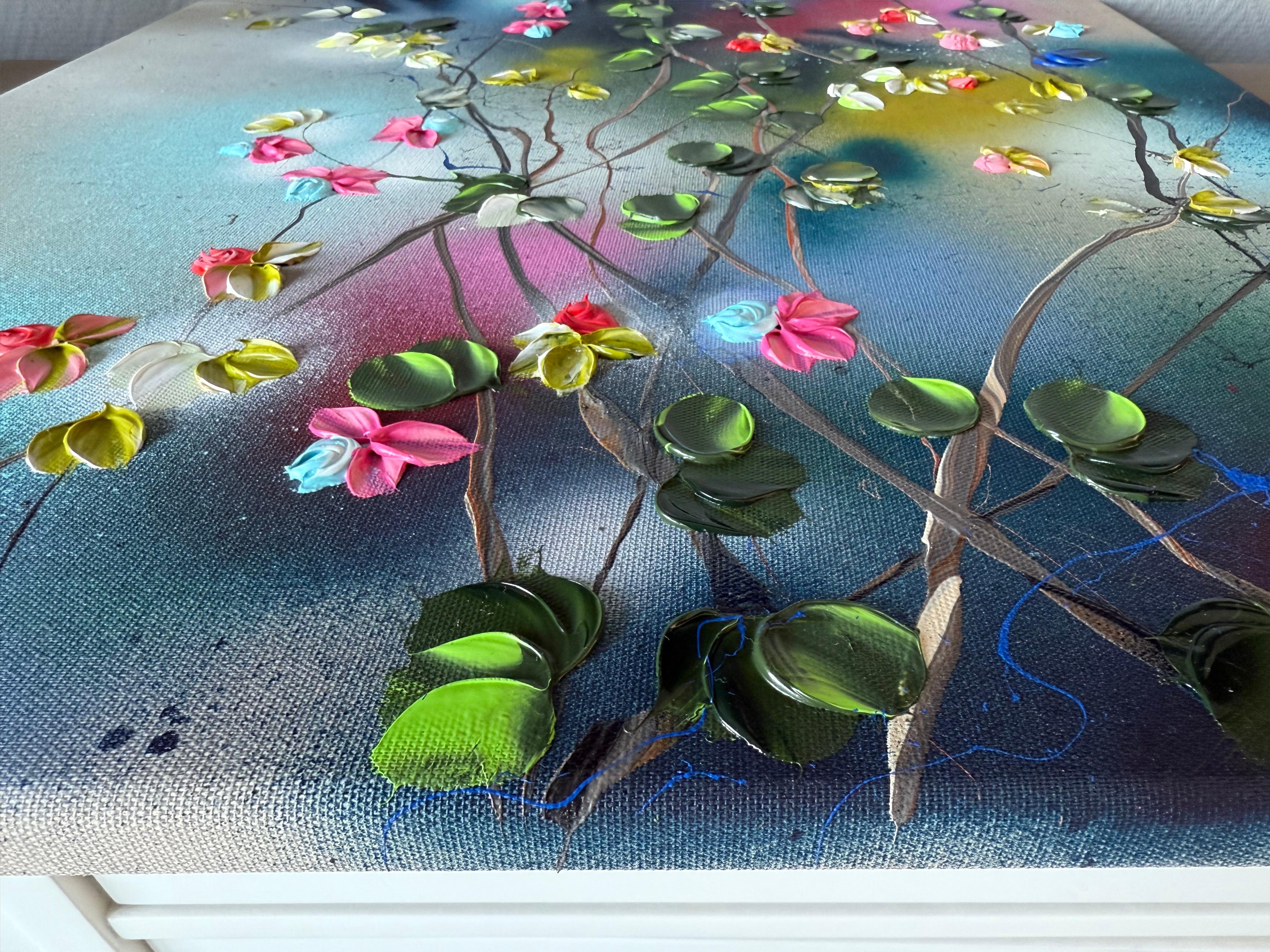 Floral Fusion II -  impressionistic painting on linen canvas with 3d roses - Abstract Impressionist Painting by Anastassia Skopp