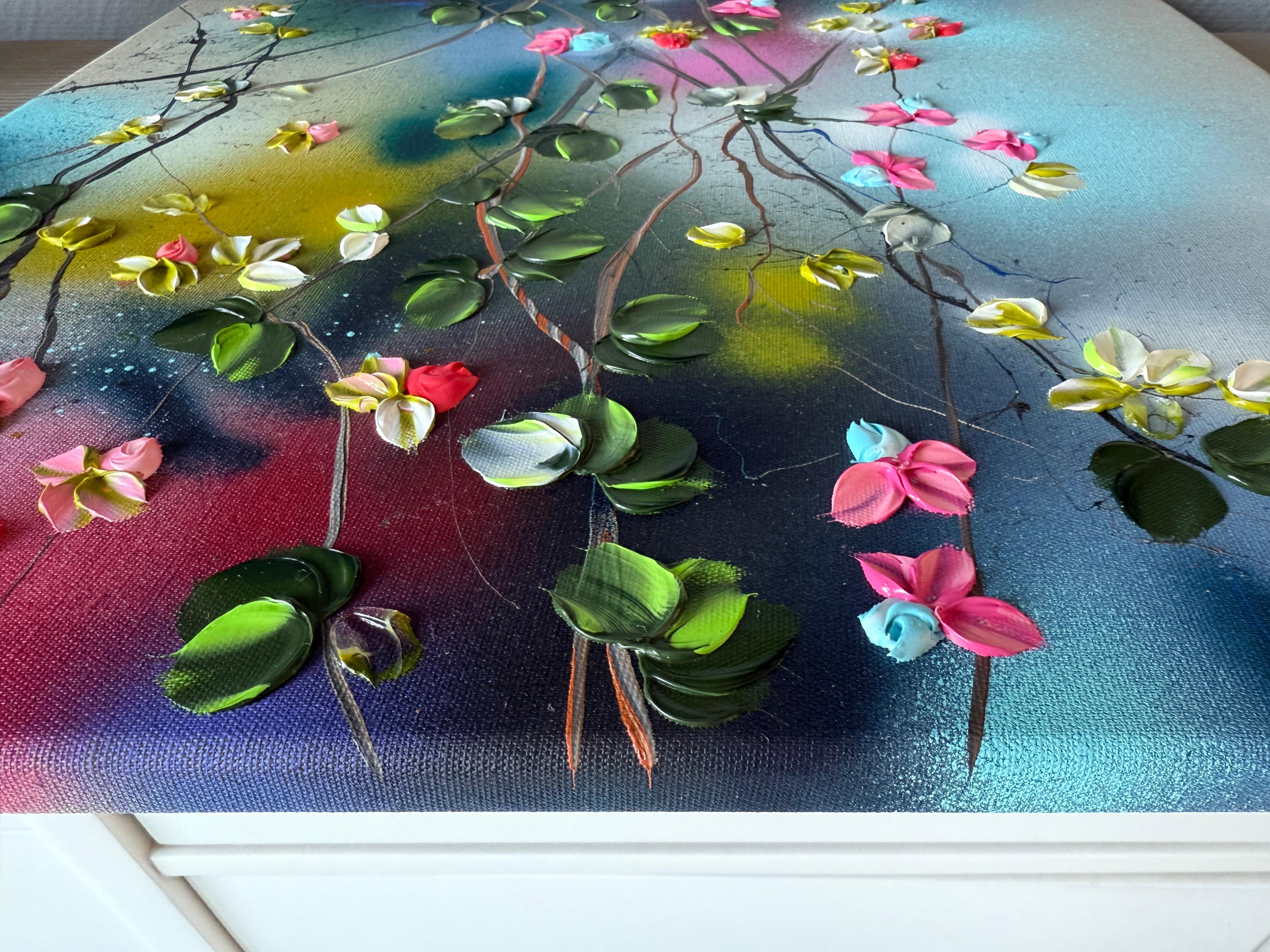 Floral Fusion II -  impressionistic painting on linen canvas with 3d roses - Gray Abstract Painting by Anastassia Skopp