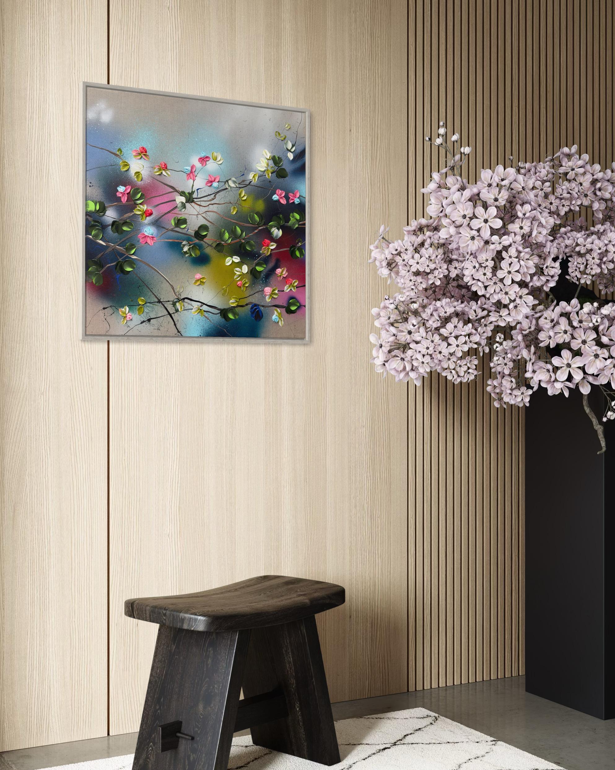 Floral Fusion II -  impressionistic painting on linen canvas with 3d roses For Sale 1