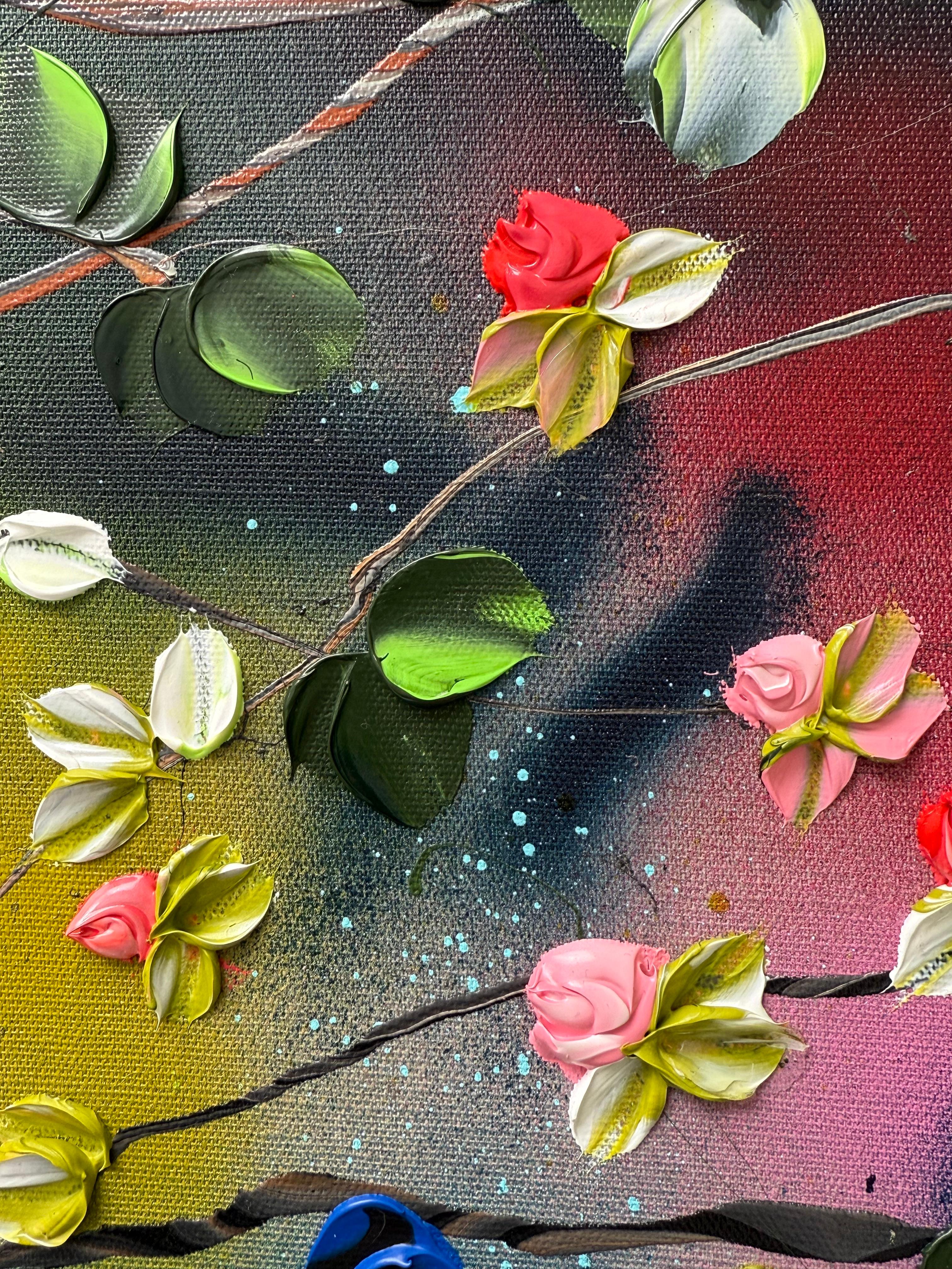 Floral Fusion II -  impressionistic painting on linen canvas with 3d roses For Sale 2