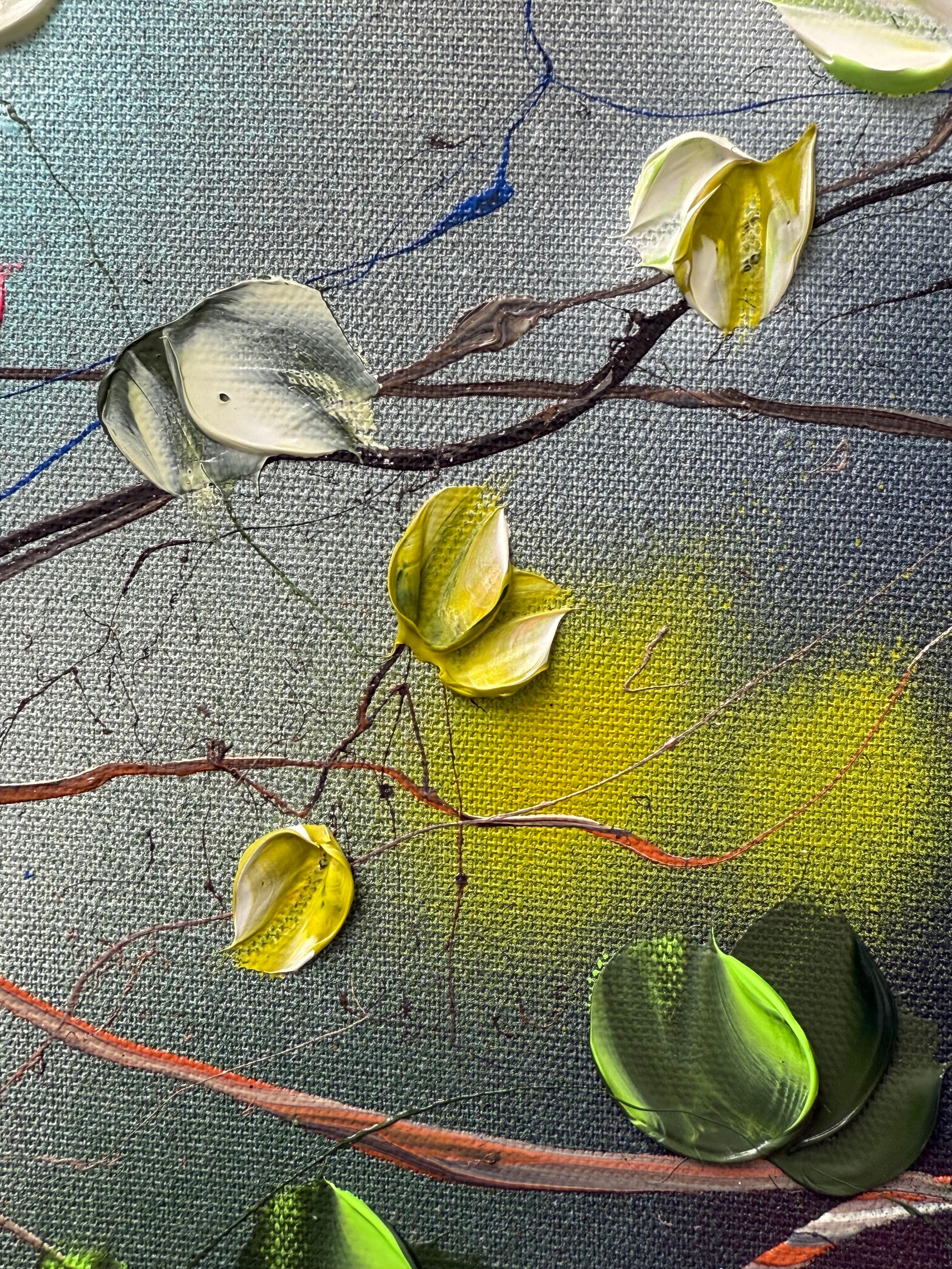 Floral Fusion II -  impressionistic painting on linen canvas with 3d roses For Sale 3