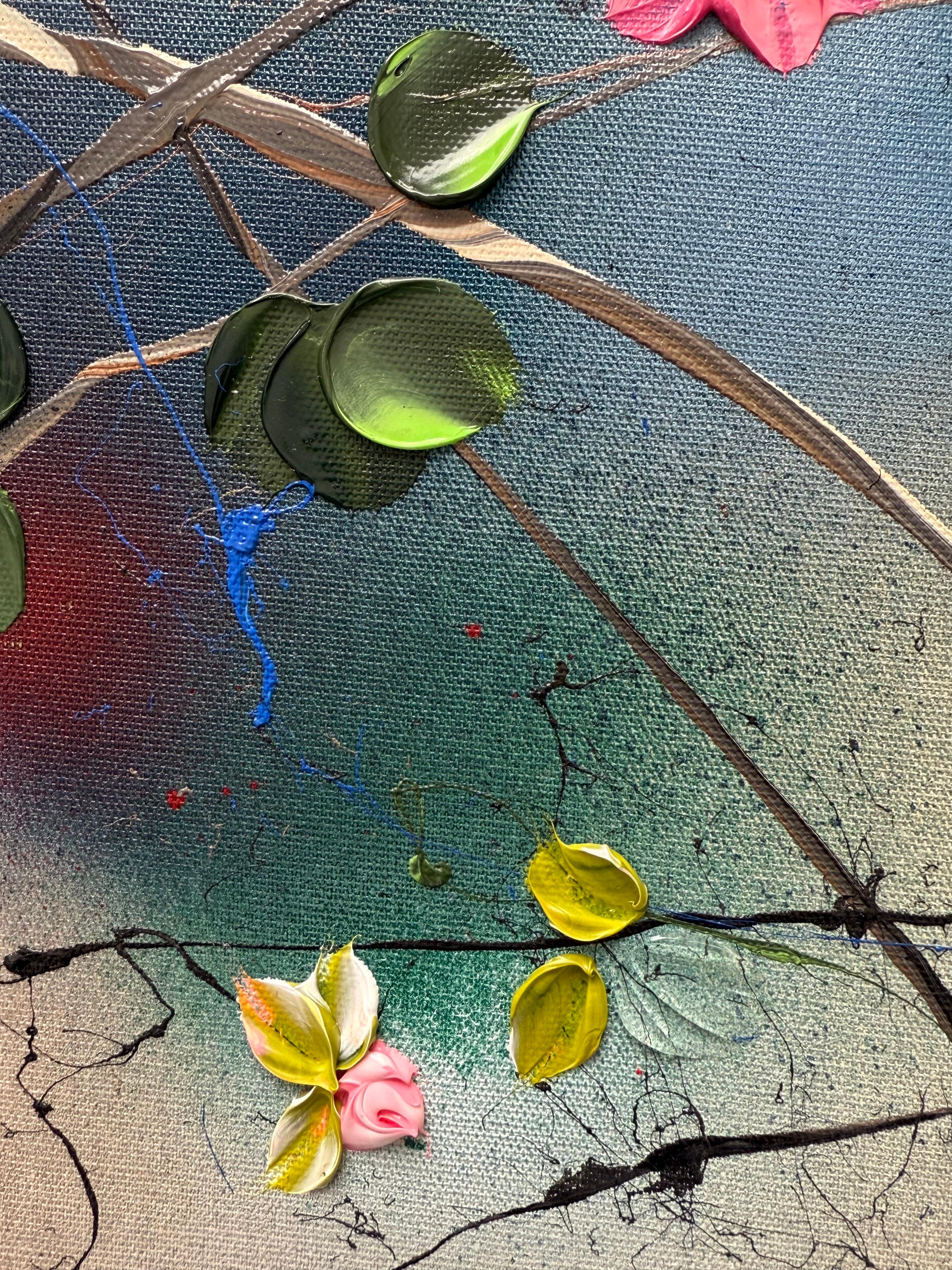 Floral Fusion II -  impressionistic painting on linen canvas with 3d roses For Sale 4