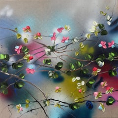 Fusione floreale II -  dipinto impressionistico su tela di lino con rose in 3d