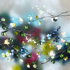 Floral Fusion III - impressionistic painting on linen canvas with 3d roses