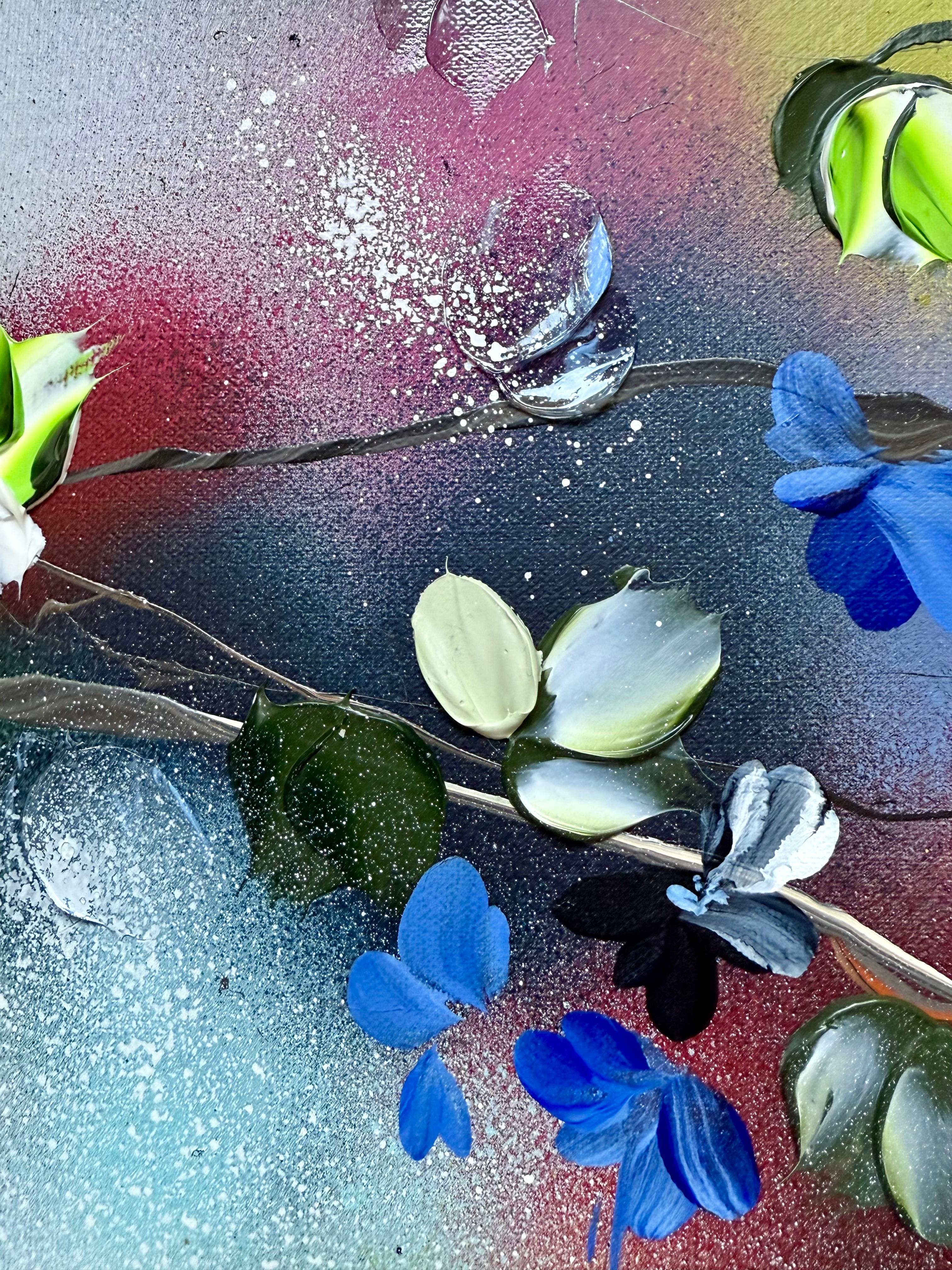 hirle florale I -  peinture impressionniste sur toile de lin avec roses 3d en vente 6
