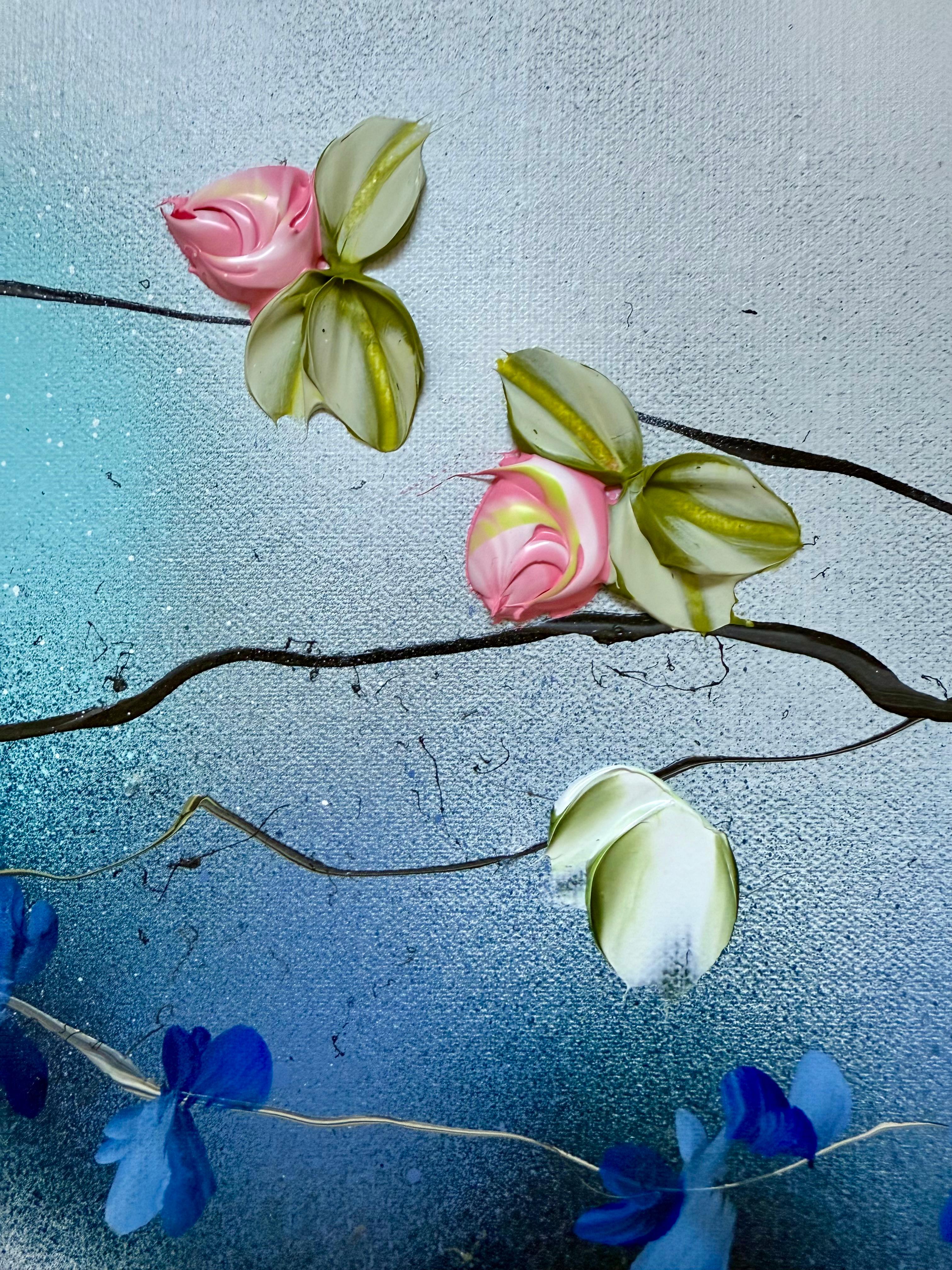 hirle florale I -  peinture impressionniste sur toile de lin avec roses 3d en vente 7