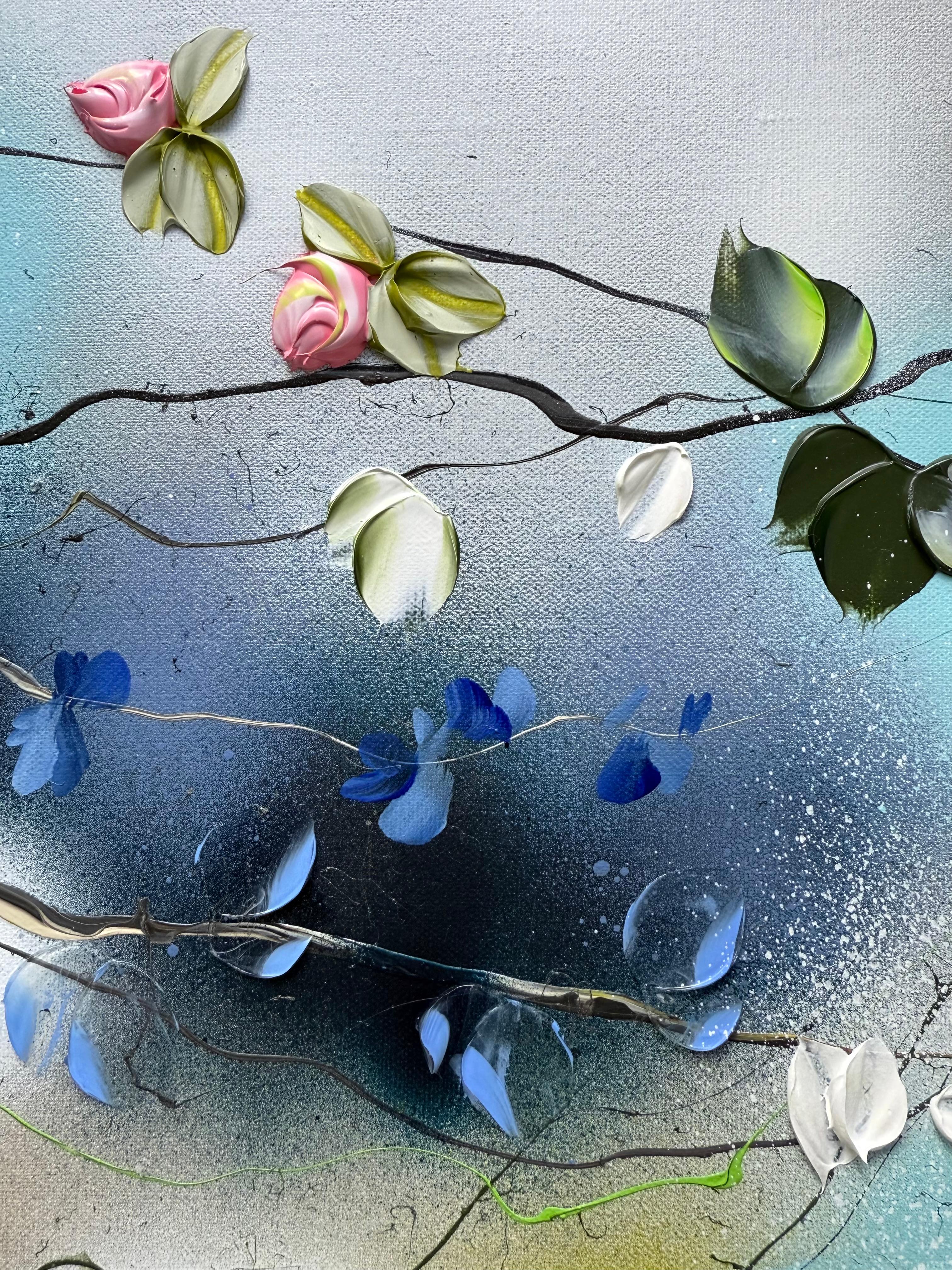 hirle florale I -  peinture impressionniste sur toile de lin avec roses 3d en vente 9