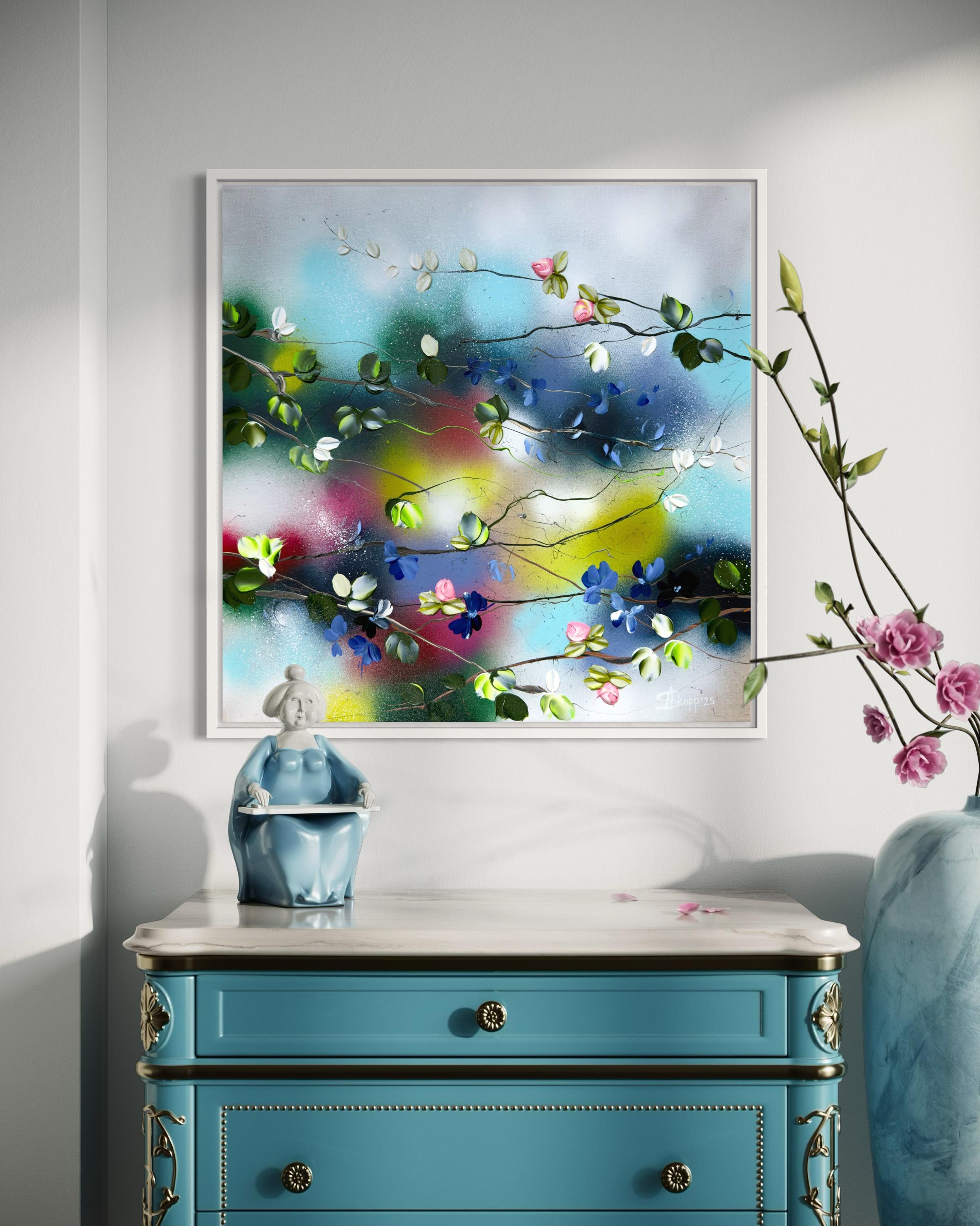 hirle florale I -  peinture impressionniste sur toile de lin avec roses 3d en vente 10