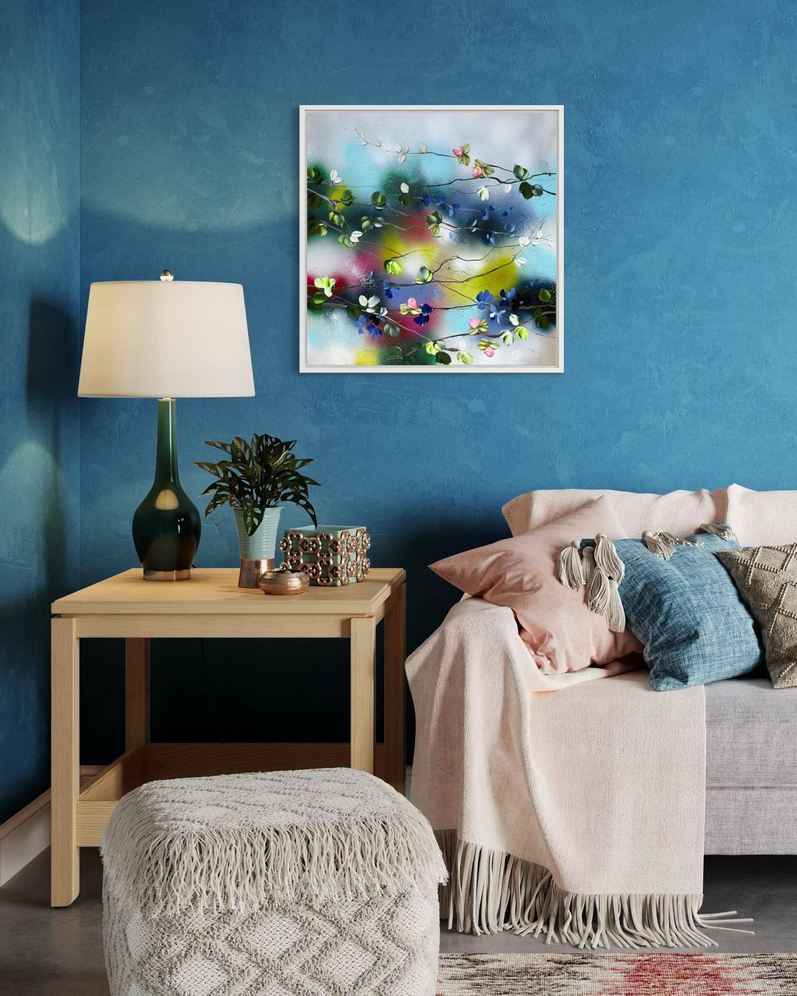 hirle florale I -  peinture impressionniste sur toile de lin avec roses 3d en vente 11