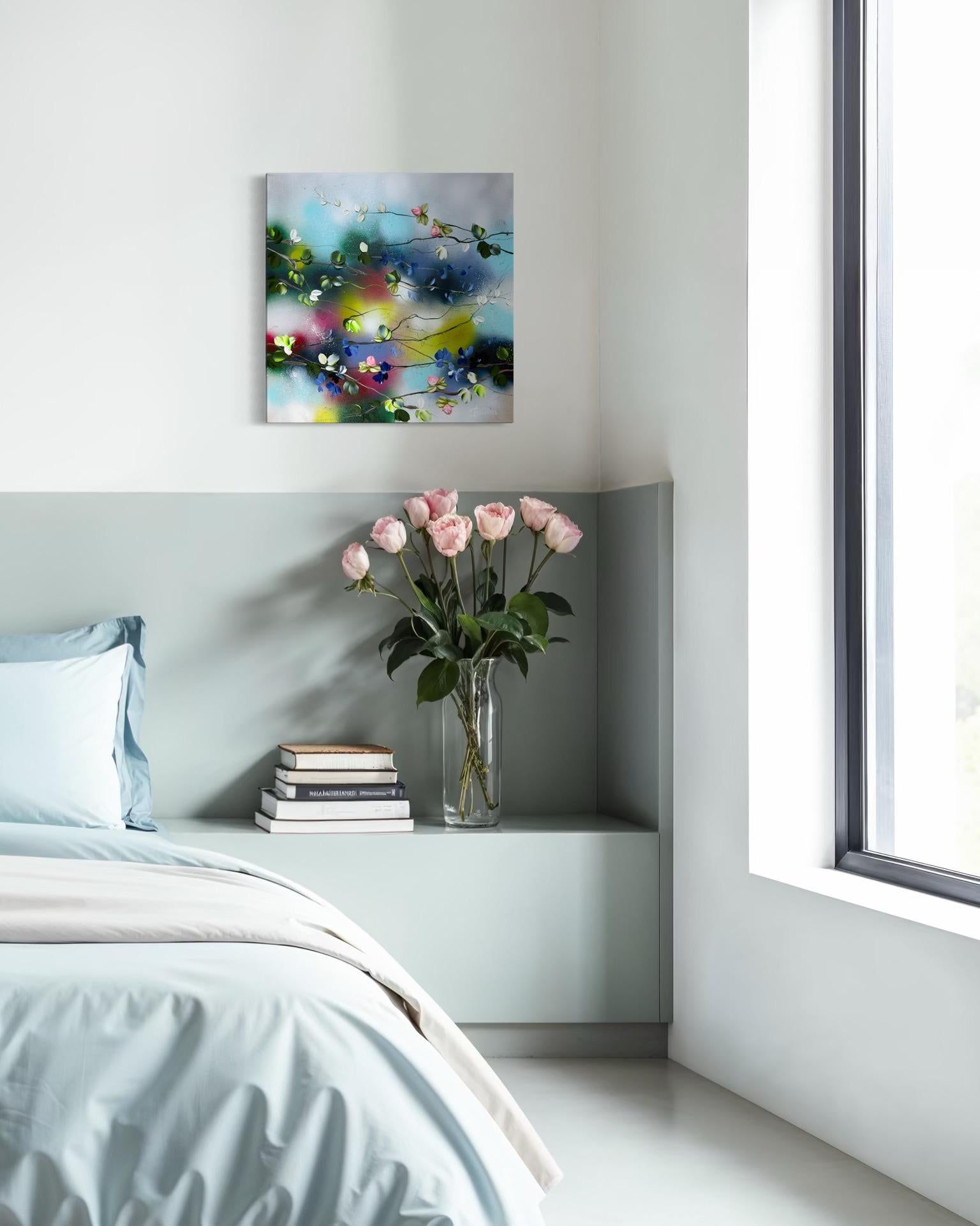 hirle florale I -  peinture impressionniste sur toile de lin avec roses 3d en vente 12
